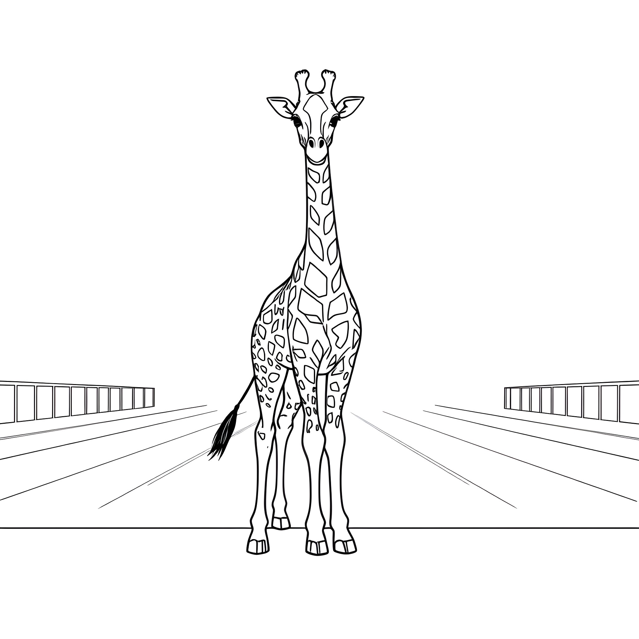 Giraffe standing tall on a road Coloring Page (free black-and-white line drawing printable PDF for all, from beginners to advanced learners, including children, teens, adults, and seniors)