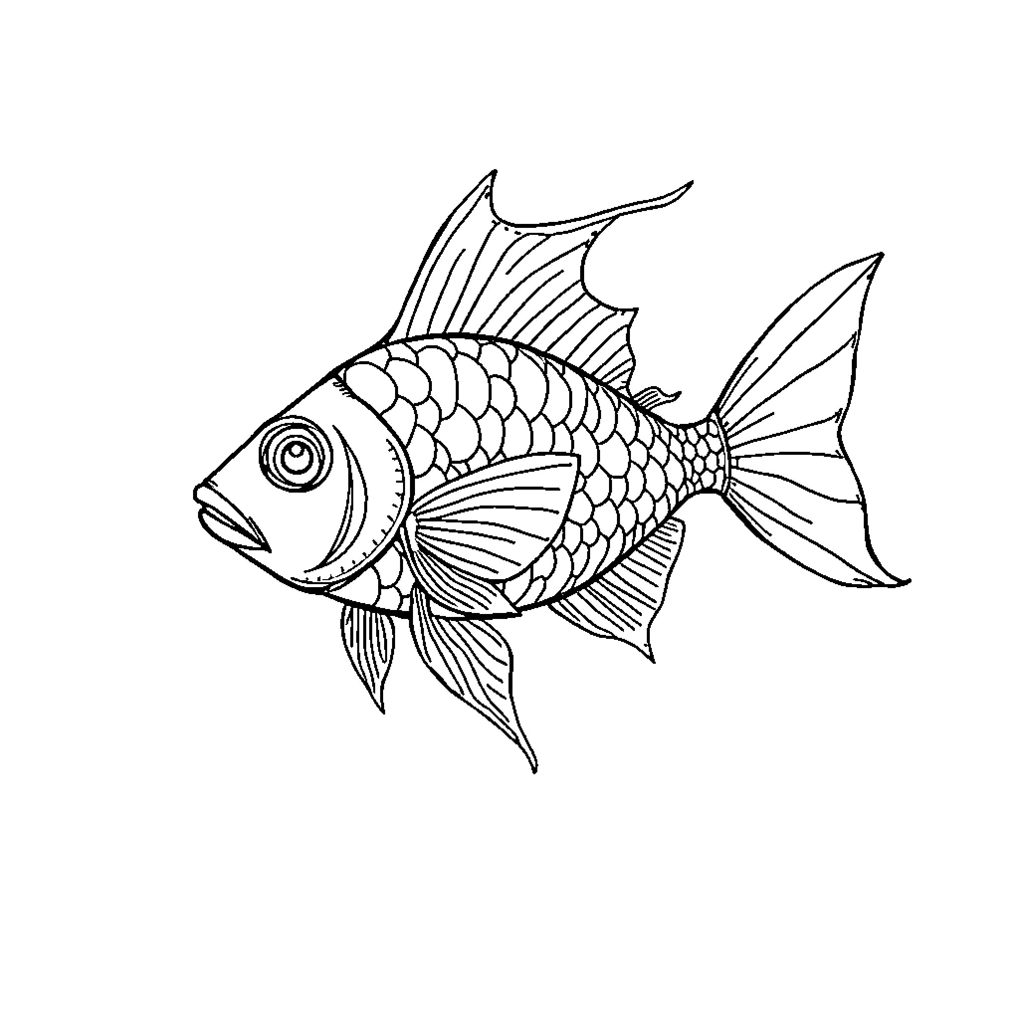 Fish with ornate fins swimming Coloring Page (free black-and-white line drawing printable PDF for all, from beginners to advanced learners, including children, teens, adults, and seniors)
