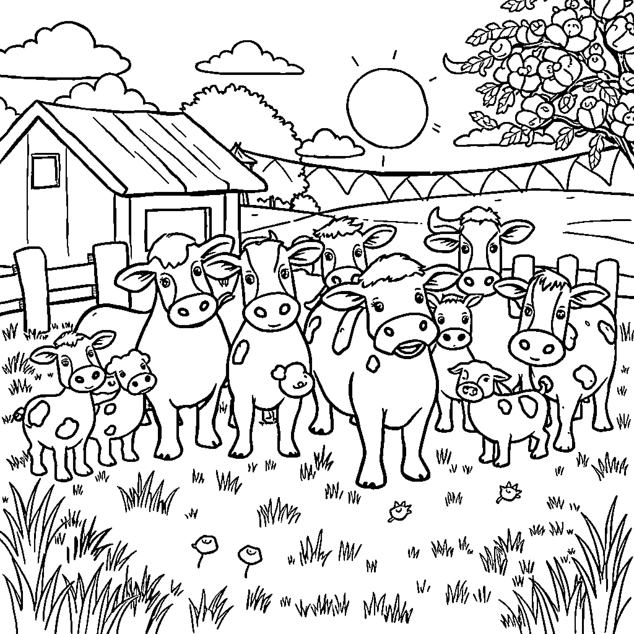 Farm Animal Herd Gathered in Pastoral Scene Coloring Page (free black-and-white line drawing printable PDF for all, from beginners to advanced learners, including children, teens, adults, and seniors)