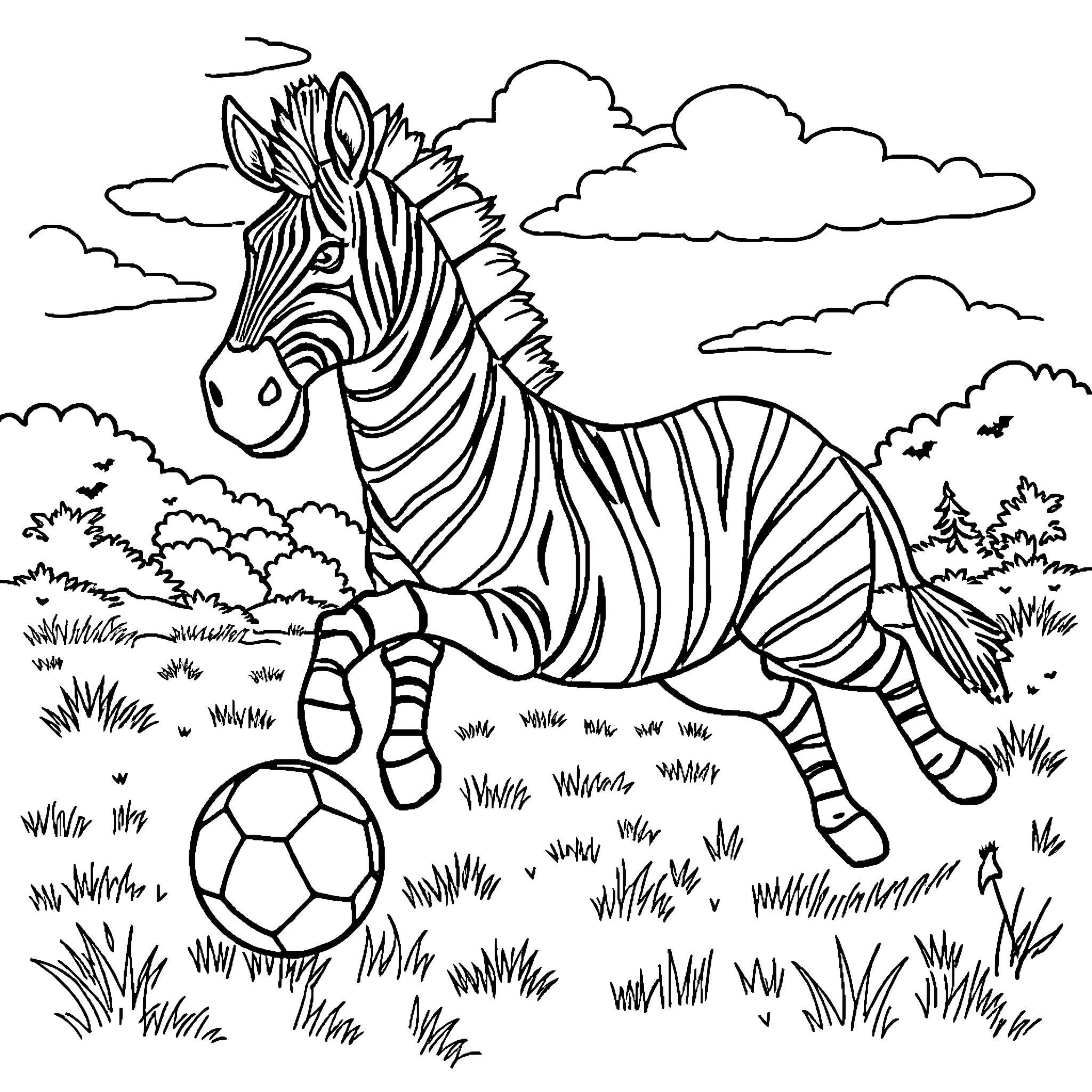 Zebra playing with soccer ball in the meadow Coloring Page (free black-and-white line drawing printable PDF for all, from beginners to advanced learners, including children, teens, adults, and seniors)