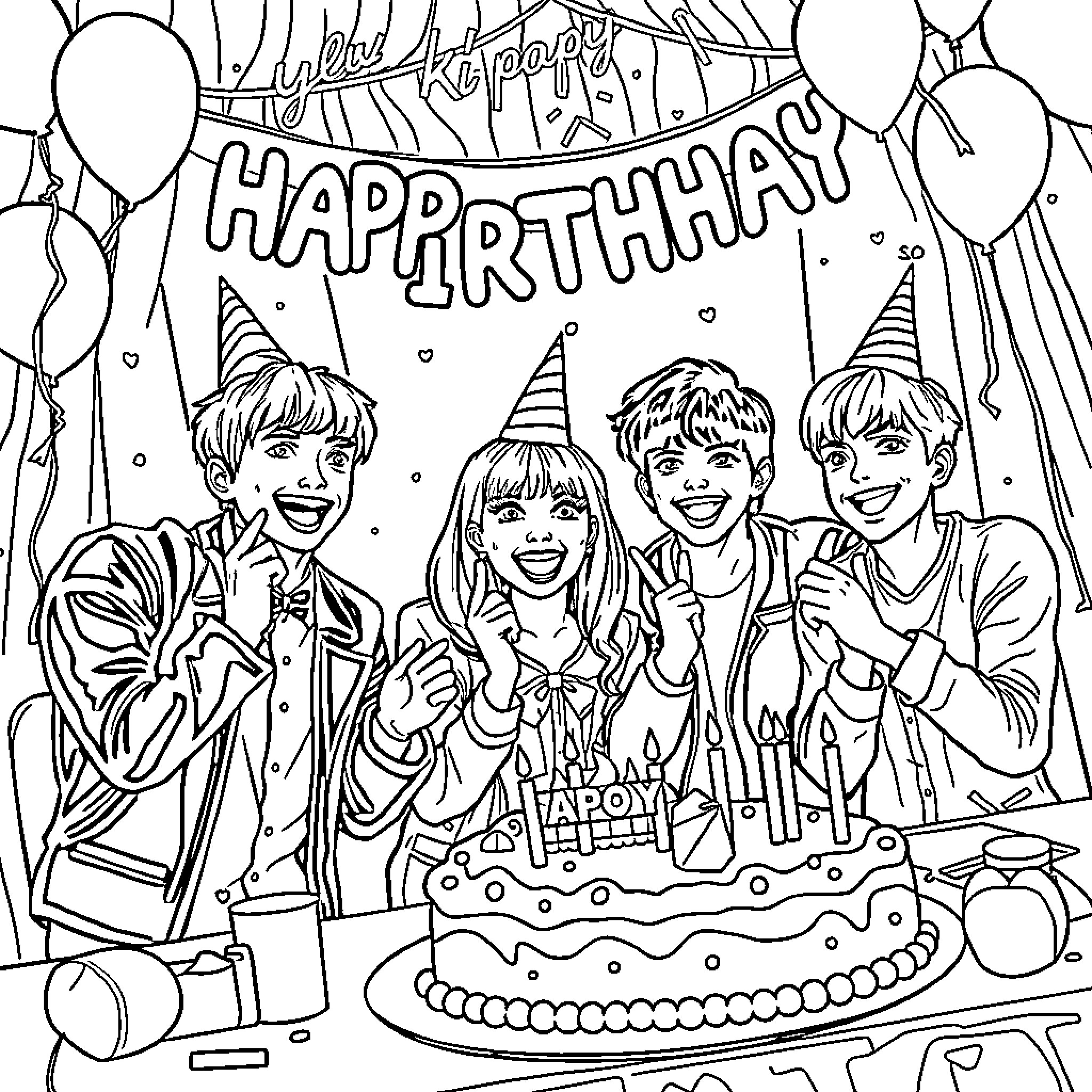 Kpop group celebrating a birthday party Coloring Page (free black-and-white line drawing printable PDF for all, from beginners to advanced learners, including children, teens, adults, and seniors)