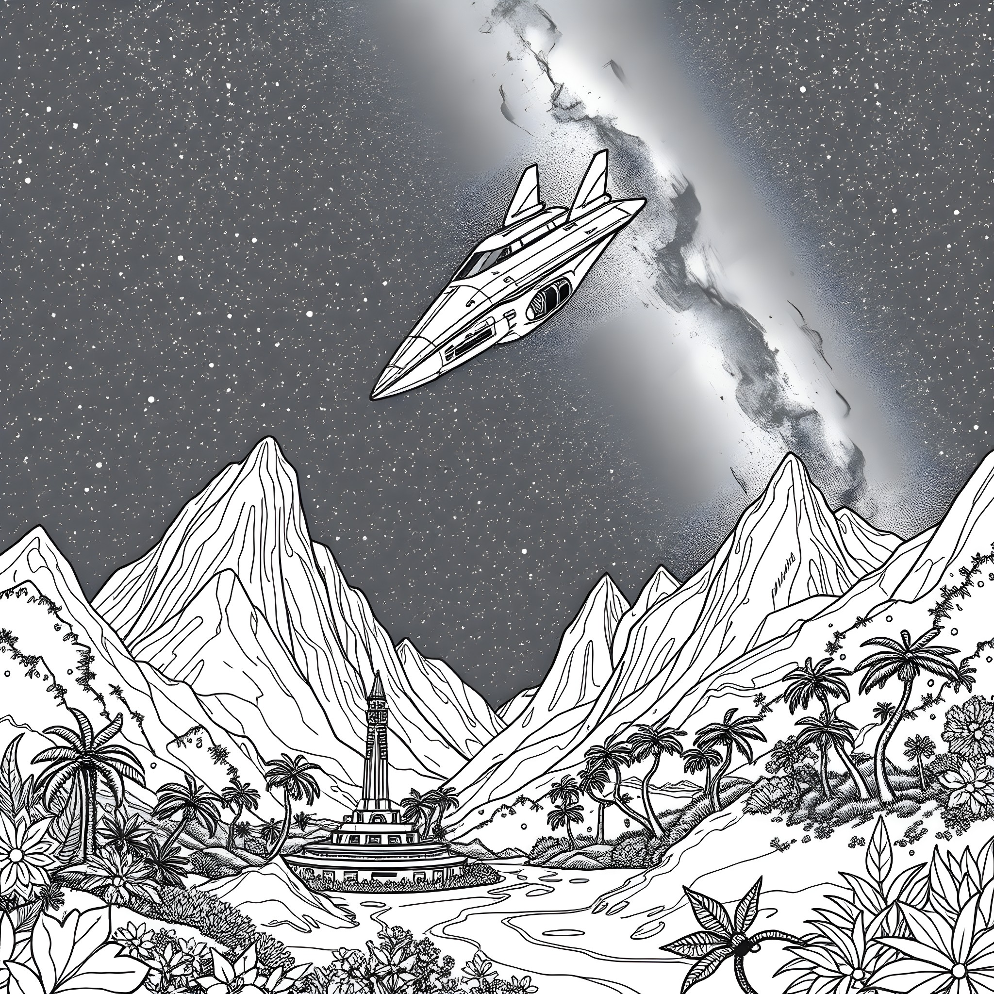 Spaceship soaring over futuristic alien landscape Coloring Page (free black-and-white line drawing printable PDF for all, from beginners to advanced learners, including children, teens, adults, and seniors)