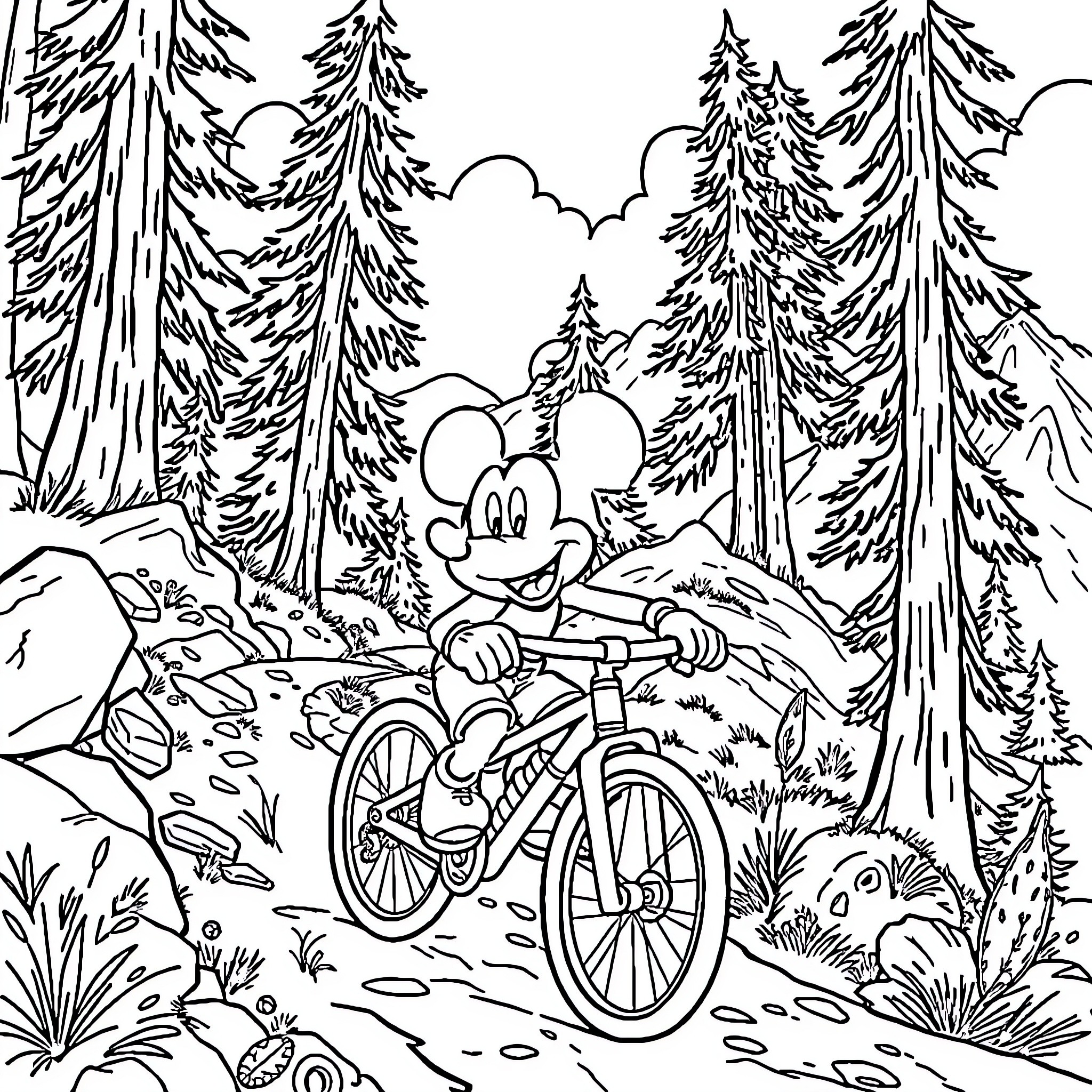 Mickey Mouse cycling through the enchanting forest Coloring Page (free black-and-white line drawing printable PDF for all, from beginners to advanced learners, including children, teens, adults, and seniors)