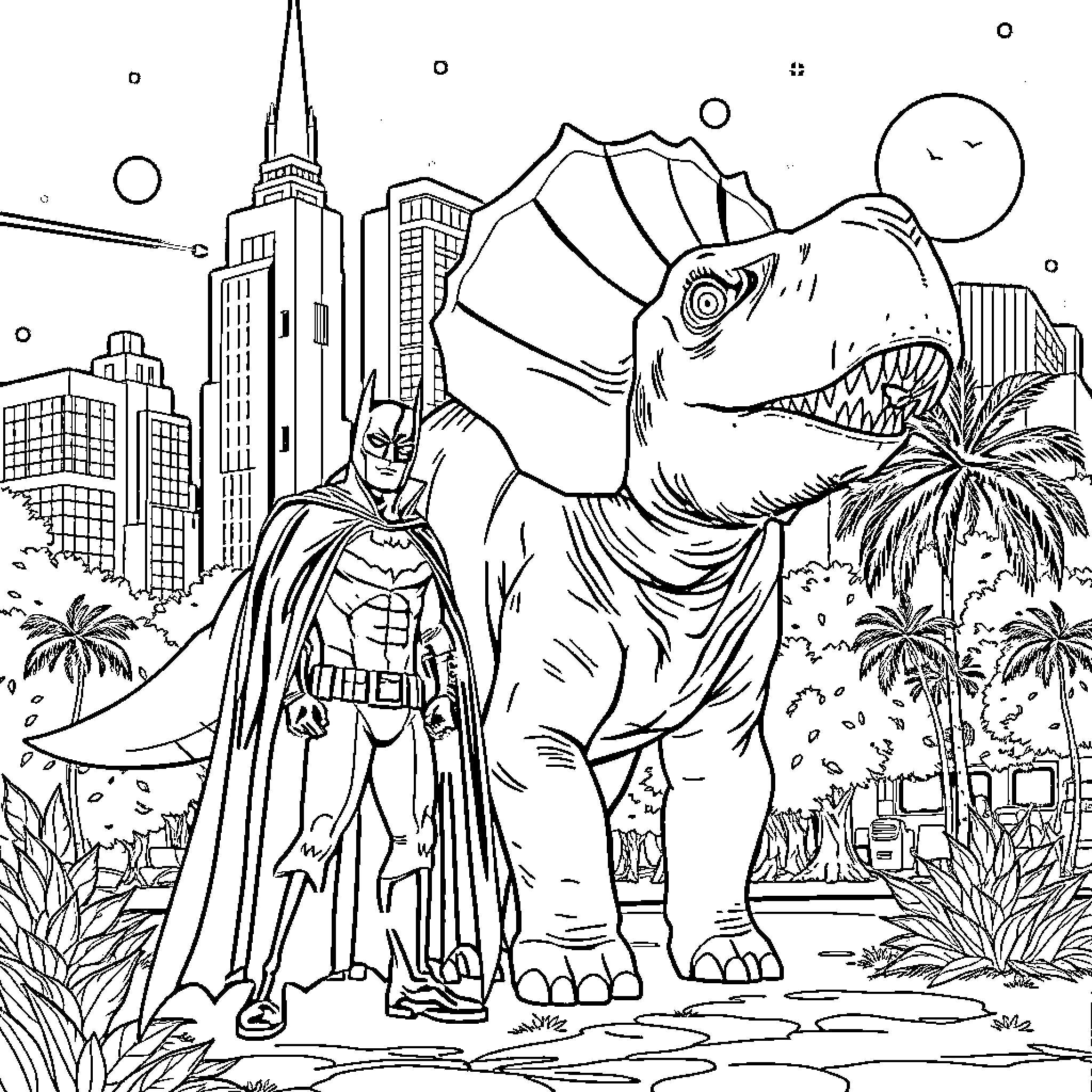Batman confronts a giant dinosaur in the city Coloring Page (free black-and-white line drawing printable PDF for all, from beginners to advanced learners, including children, teens, adults, and seniors)