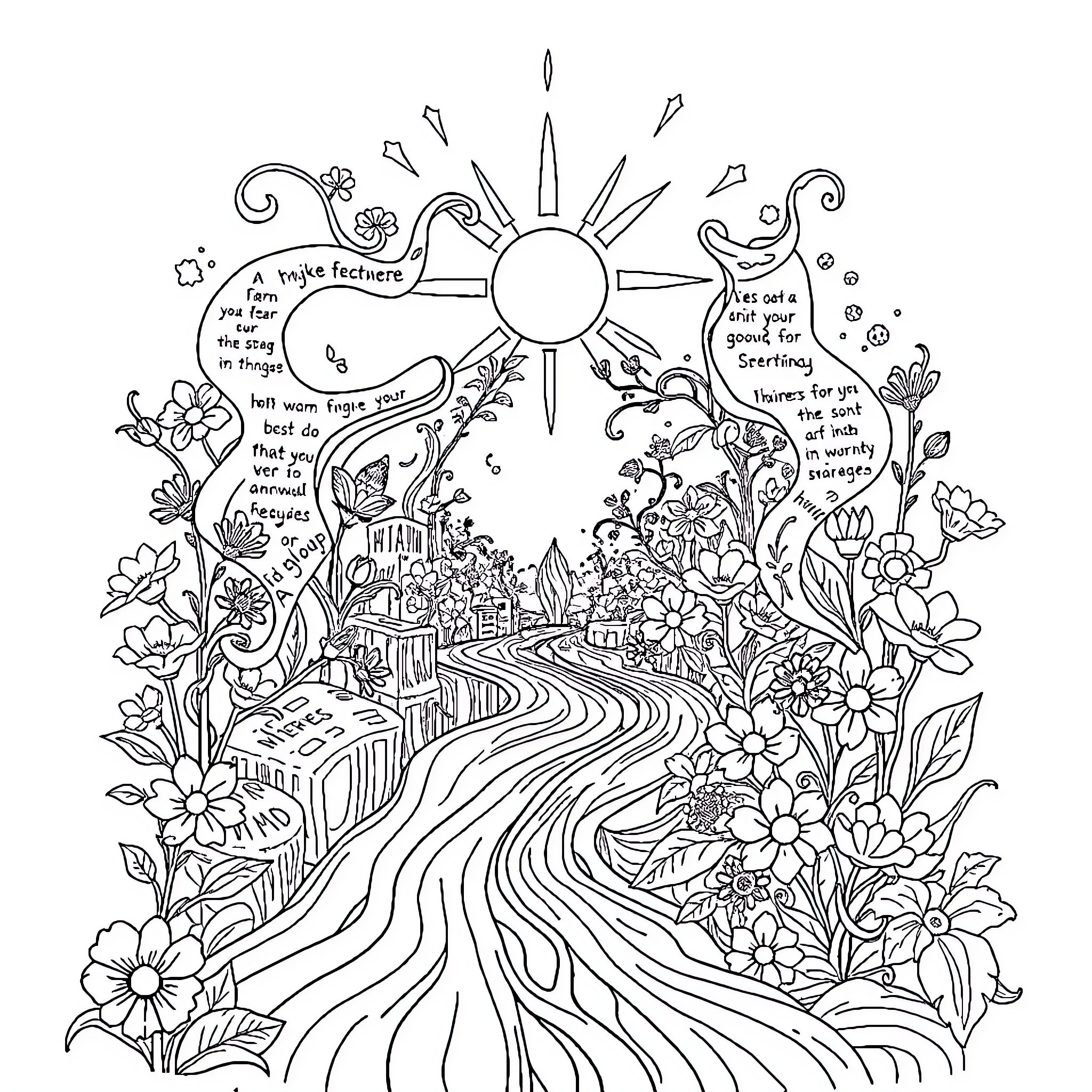 Book of Whimsical Floral Landscape Coloring Page (free black-and-white line drawing printable PDF for all, from beginners to advanced learners, including children, teens, adults, and seniors)