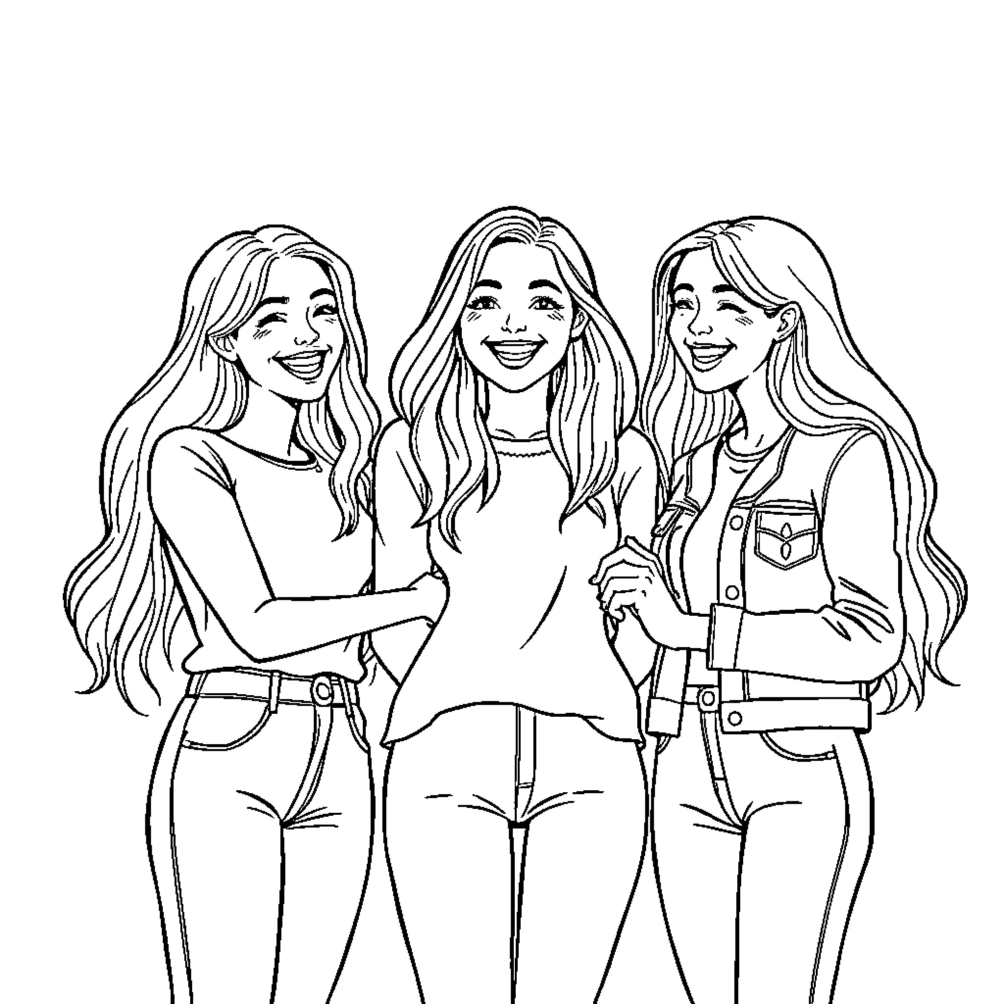 Girlfriend having fun with friends Coloring Page (free black-and-white line drawing printable PDF for all, from beginners to advanced learners, including children, teens, adults, and seniors)