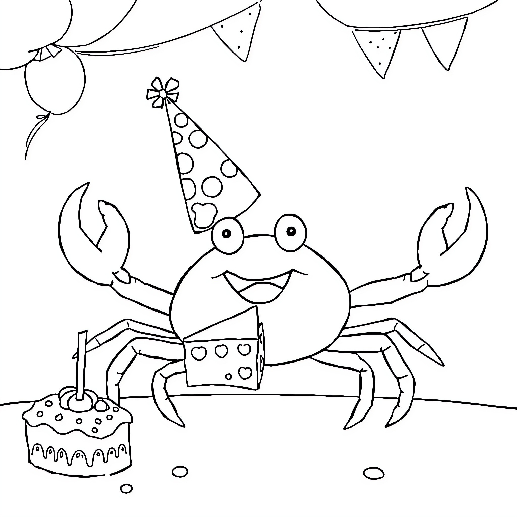 Crab celebrating birthday with cake and party hat Coloring Page (free black-and-white line drawing printable PDF for all, from beginners to advanced learners, including children, teens, adults, and seniors)