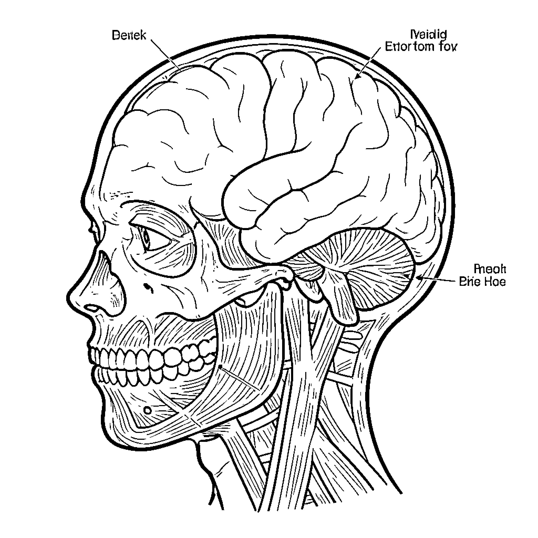 Head Cross-section Anatomy Diagram Coloring Page (free black-and-white line drawing printable PDF for all, from beginners to advanced learners, including children, teens, adults, and seniors)