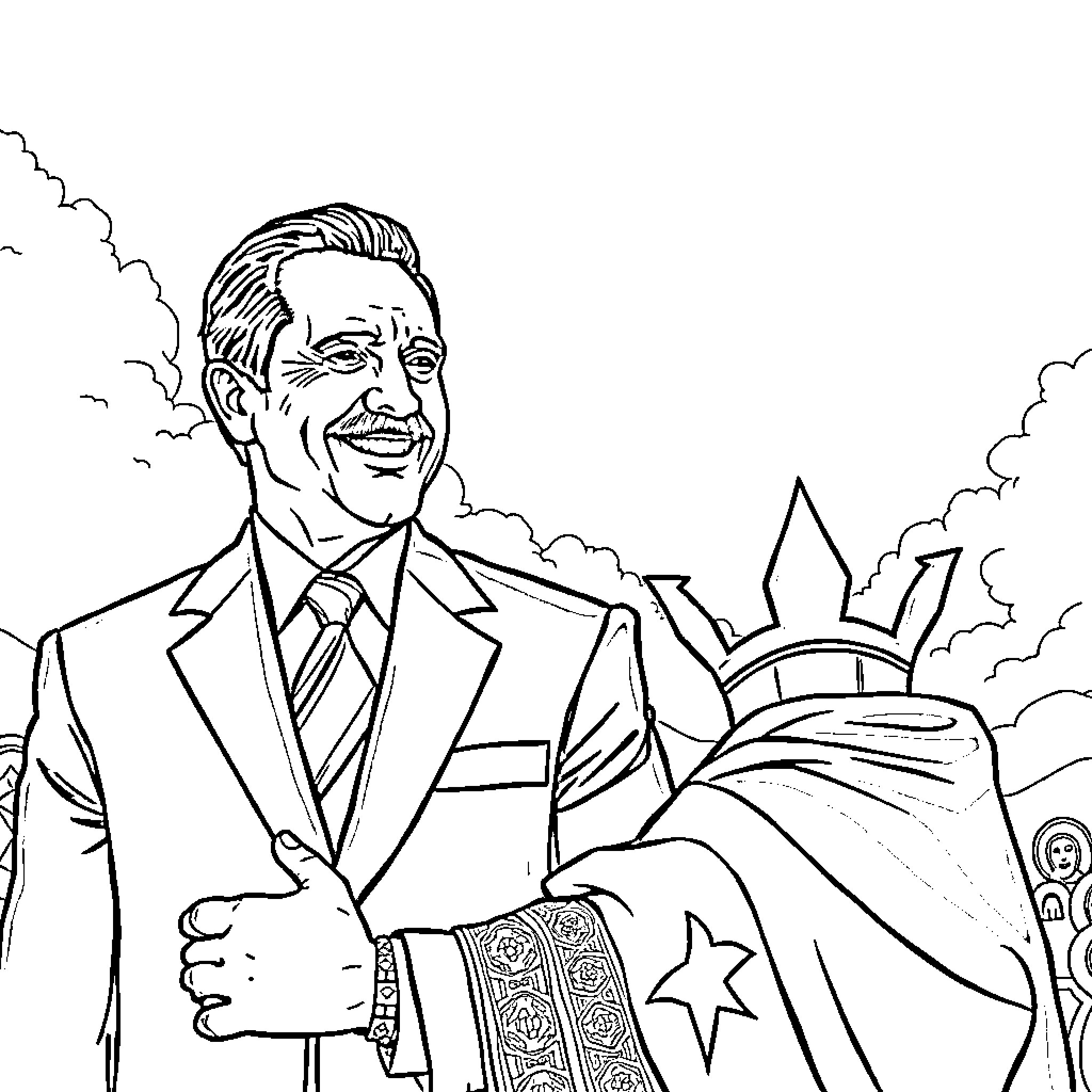 President Smiling and Waving in Front of City Skyline Coloring Page (free black-and-white line drawing printable PDF for all, from beginners to advanced learners, including children, teens, adults, and seniors)