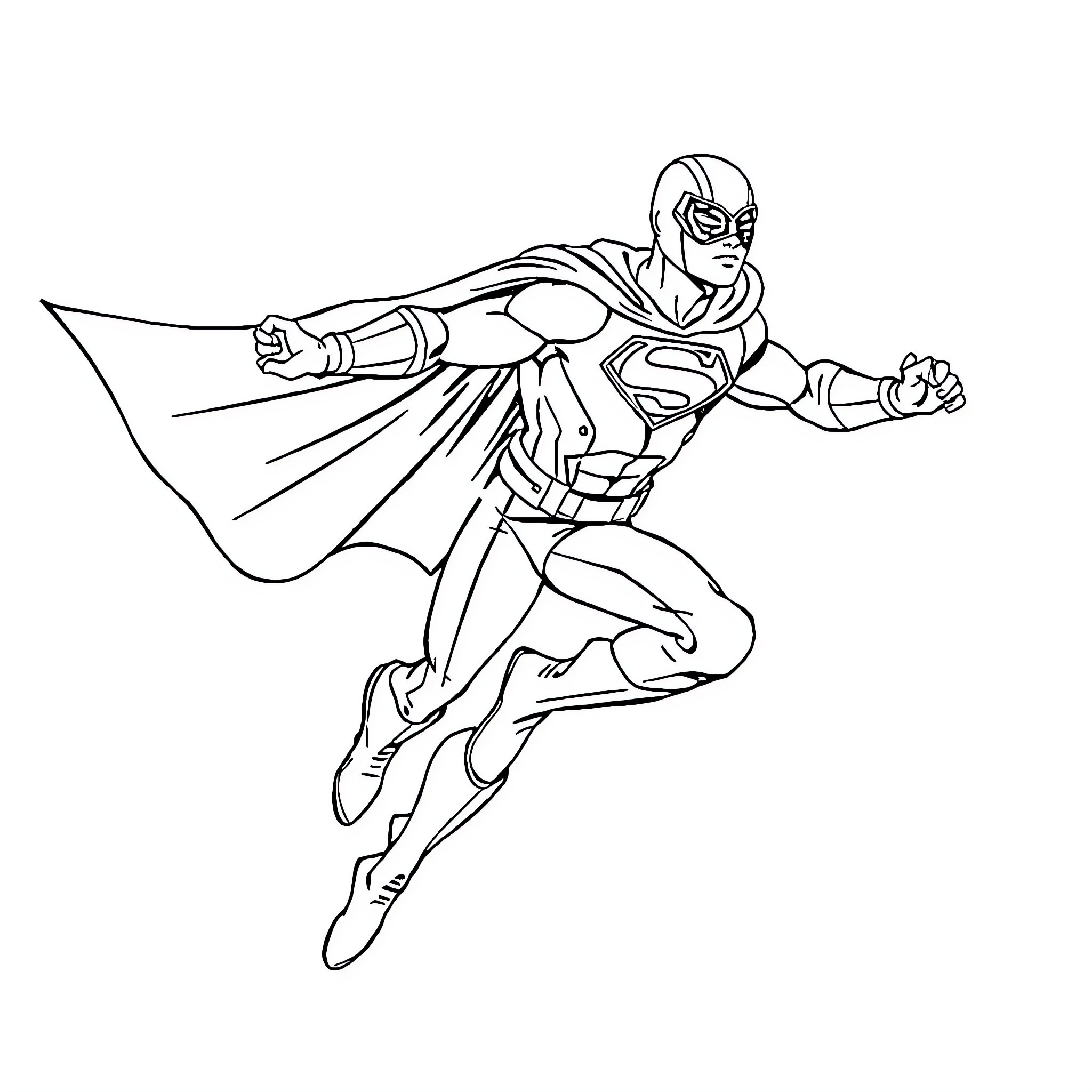 Superhero in Action Pose Coloring Page (free black-and-white line drawing printable PDF for all, from beginners to advanced learners, including children, teens, adults, and seniors)