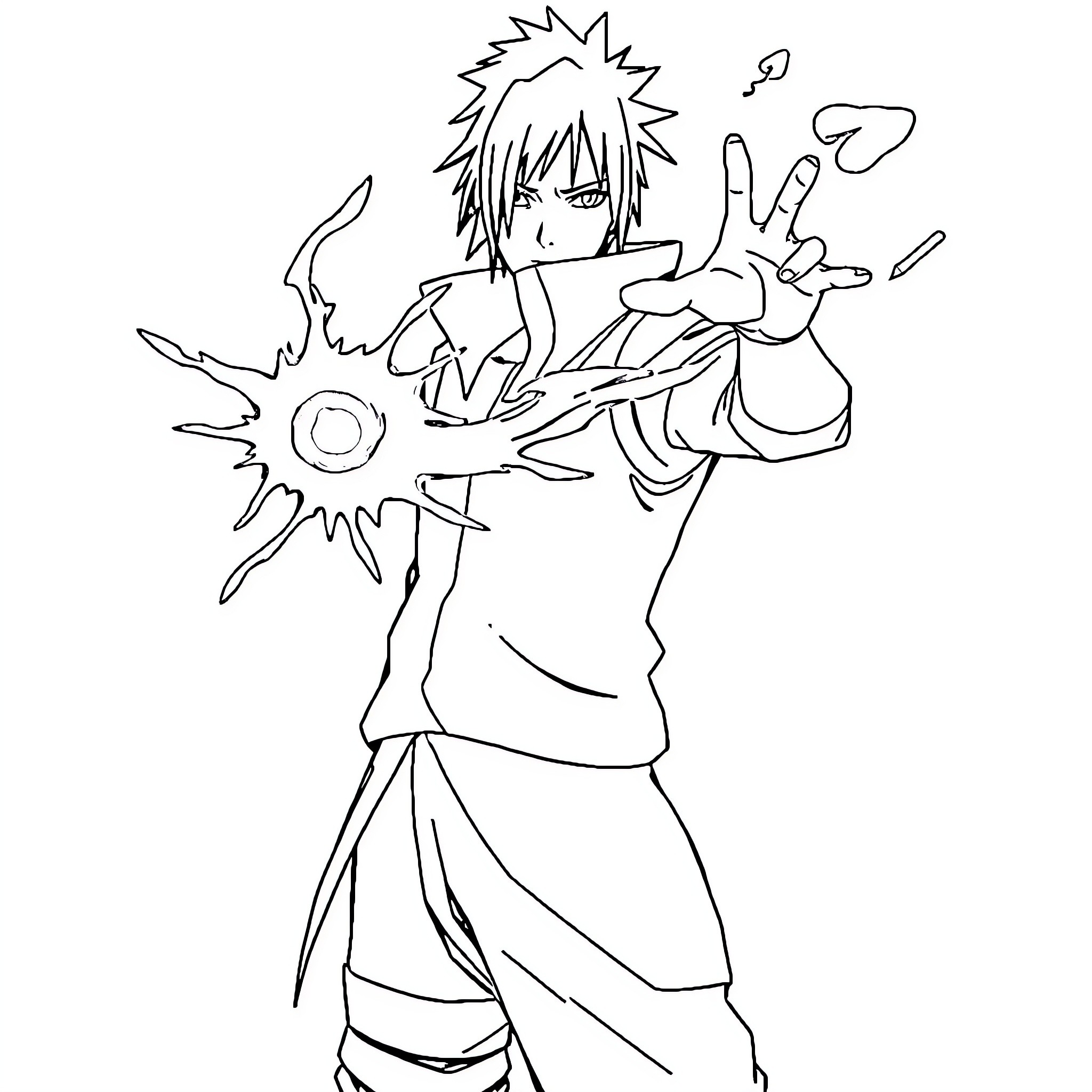 Sasuke unleashing powerful jutsu attack Coloring Page (free black-and-white line drawing printable PDF for all, from beginners to advanced learners, including children, teens, adults, and seniors)