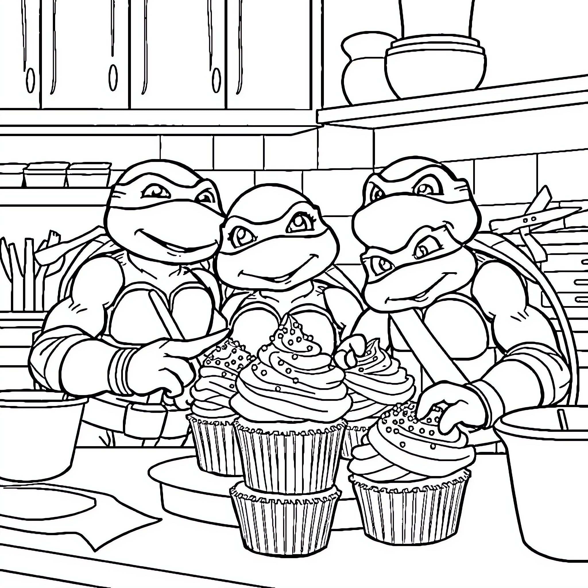 Ninja Turtles baking delicious cupcakes in the kitchen Coloring Page (free black-and-white line drawing printable PDF for all, from beginners to advanced learners, including children, teens, adults, and seniors)