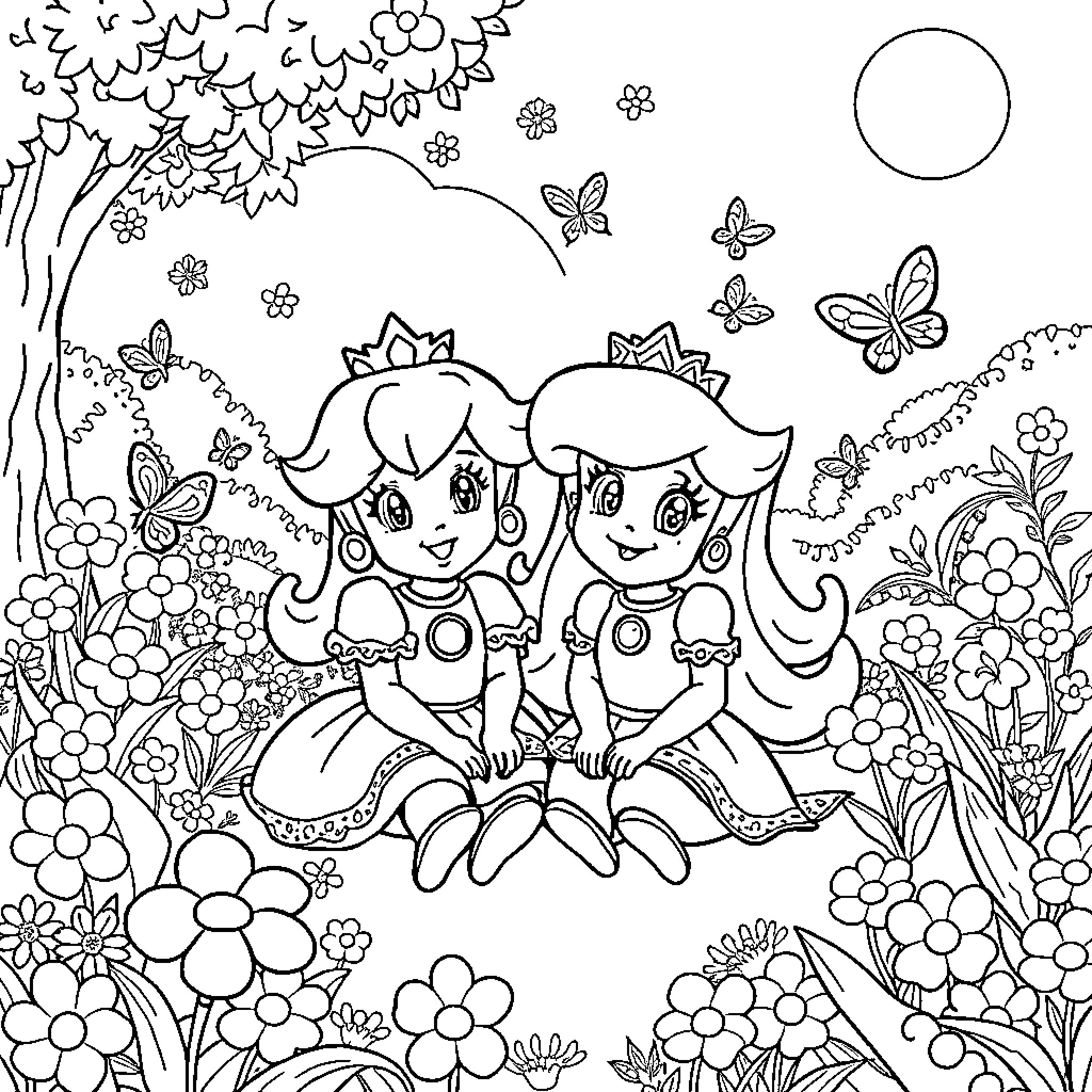 Princess Sisters Frolicking in Floral Wonderland Coloring Page (free black-and-white line drawing printable PDF for all, from beginners to advanced learners, including children, teens, adults, and seniors)