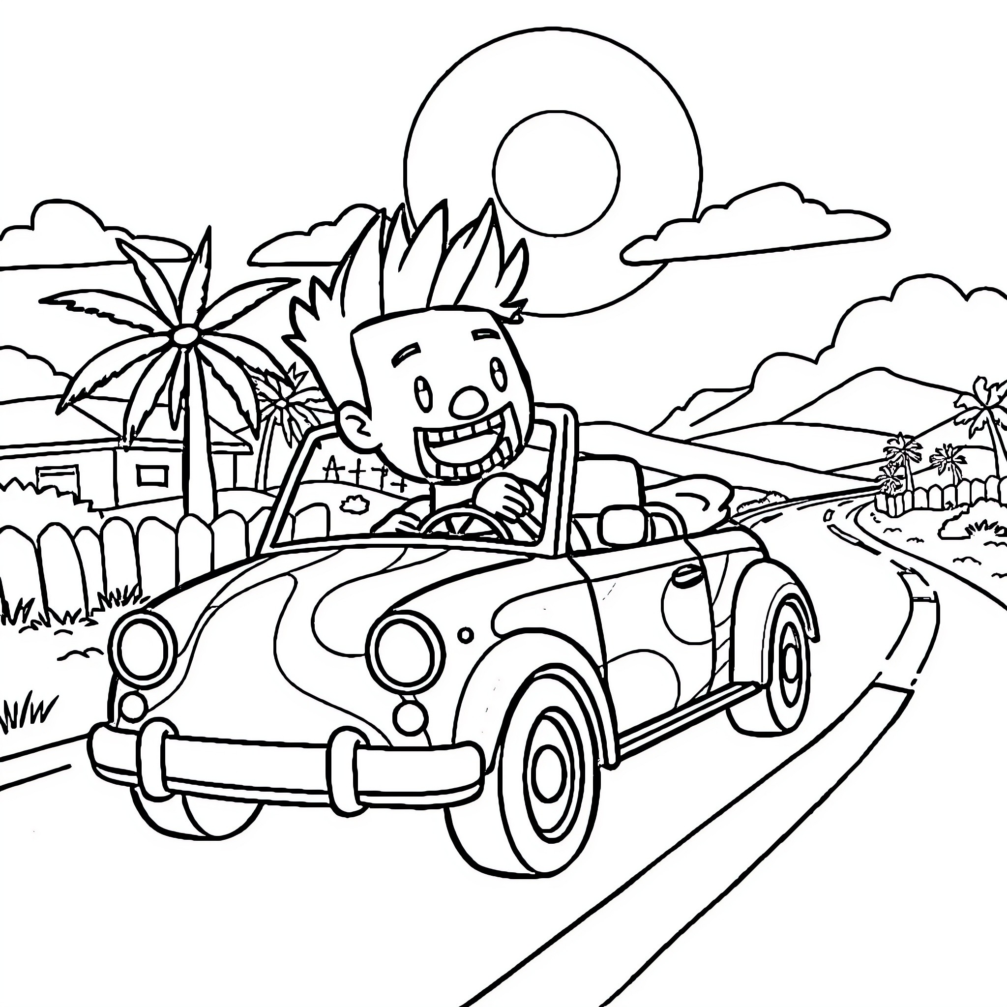 PewDiePie's Joyride in a Cartoon Convertible Coloring Page (free black-and-white line drawing printable PDF for all, from beginners to advanced learners, including children, teens, adults, and seniors)
