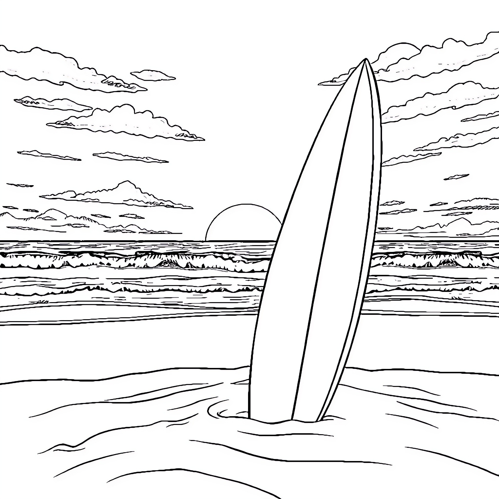 Surfboard on the beach at sunset Coloring Page (free black-and-white line drawing printable PDF for all, from beginners to advanced learners, including children, teens, adults, and seniors)