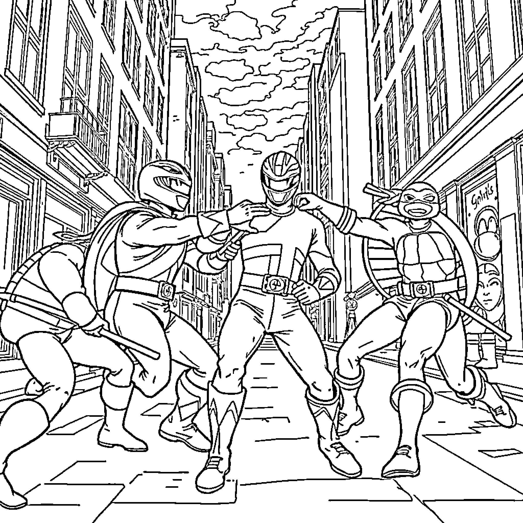 Power Rangers Defending the City from Villains Coloring Page (free black-and-white line drawing printable PDF for all, from beginners to advanced learners, including children, teens, adults, and seniors)
