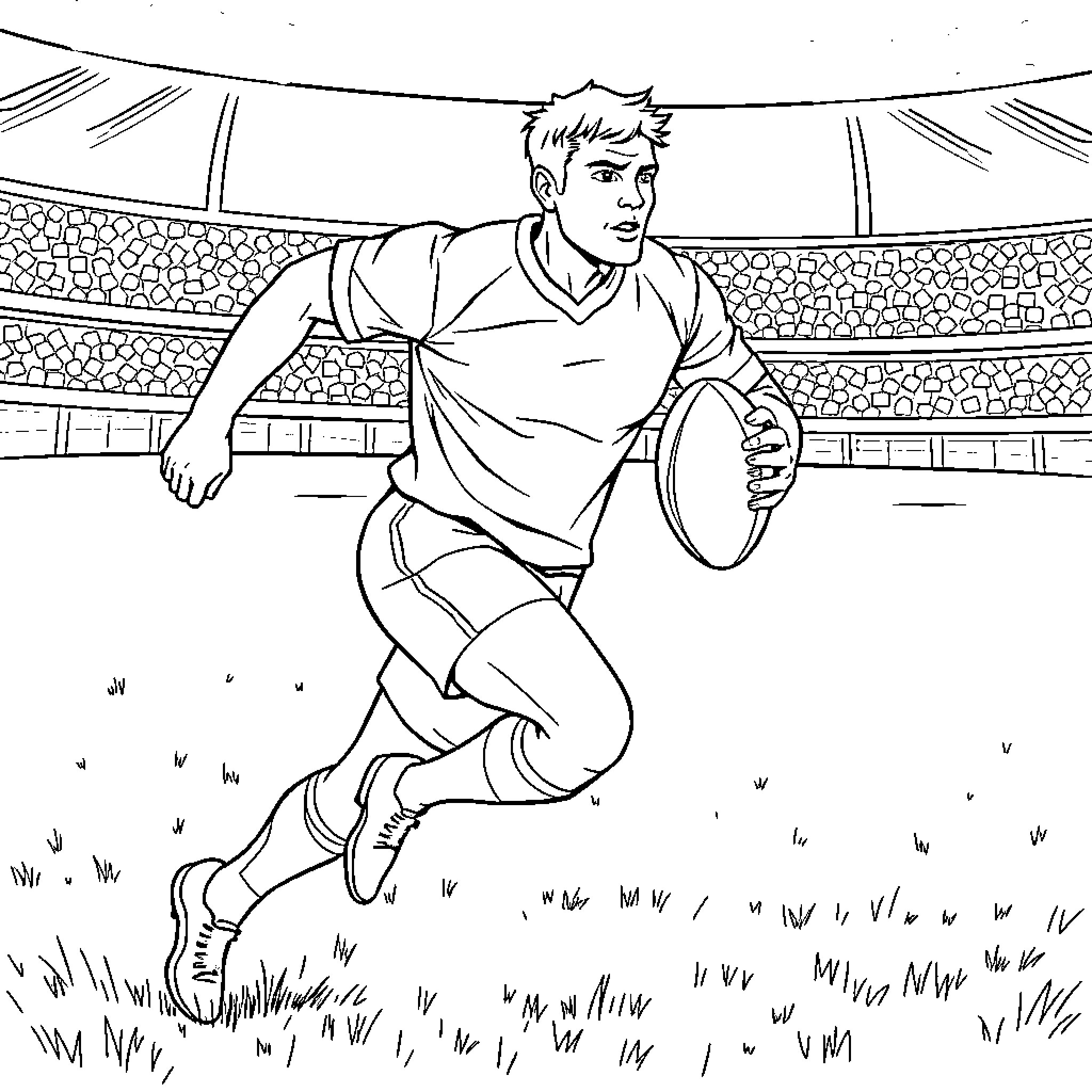 Rugby Player Running in Stadium Coloring Page (free black-and-white line drawing printable PDF for all, from beginners to advanced learners, including children, teens, adults, and seniors)
