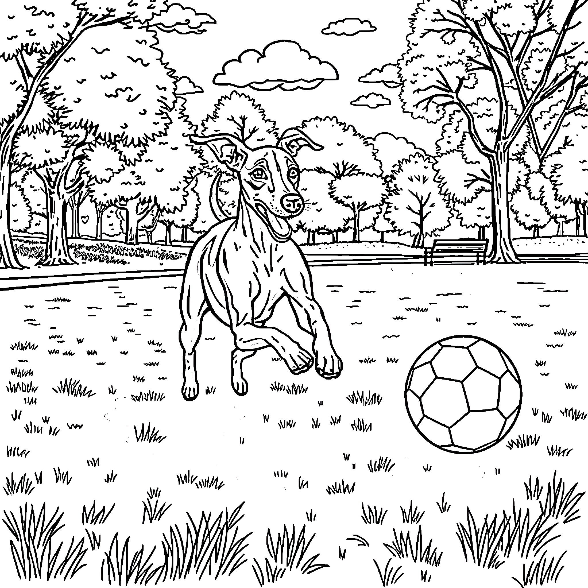 Italian Greyhound playing joyfully with soccer ball in park Coloring Page (free black-and-white line drawing printable PDF for all, from beginners to advanced learners, including children, teens, adults, and seniors)