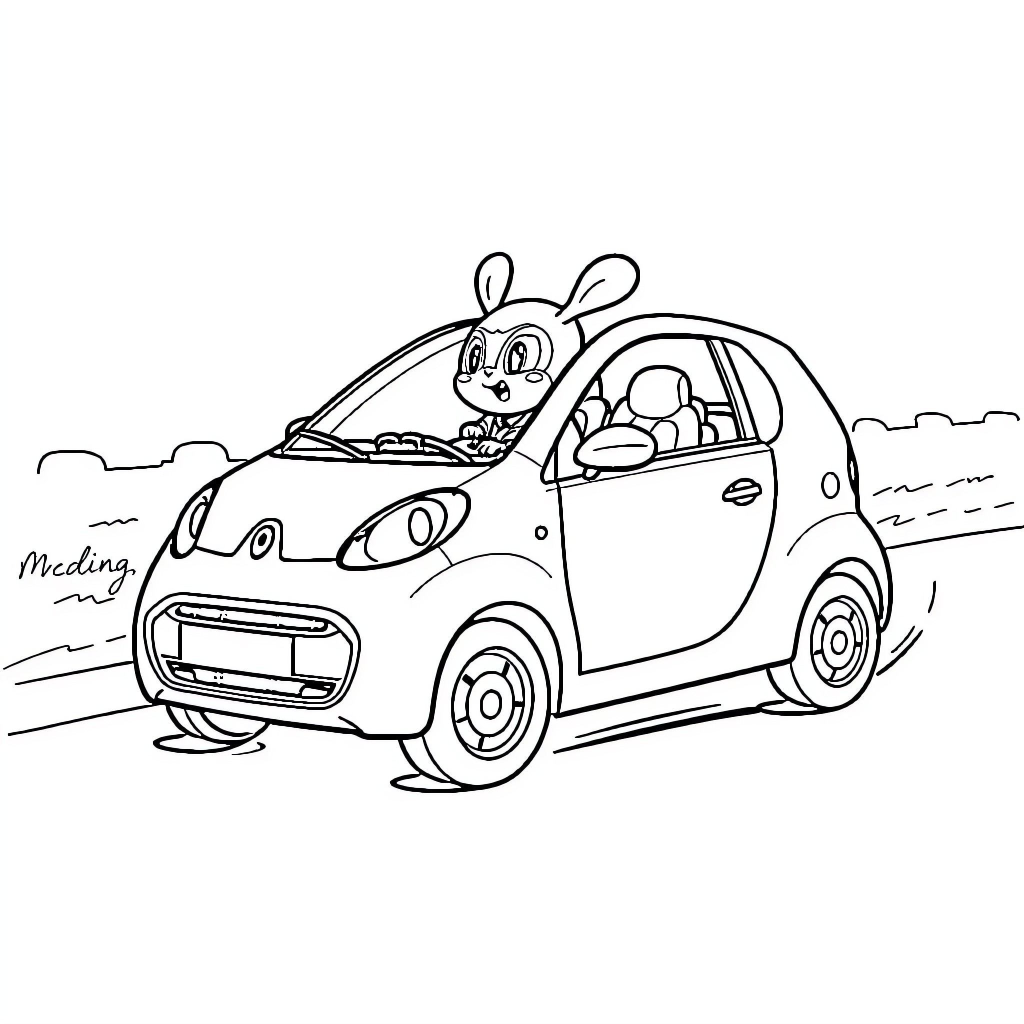 Pat'Patrouille characters driving a small car Coloring Page (free black-and-white line drawing printable PDF for all, from beginners to advanced learners, including children, teens, adults, and seniors)