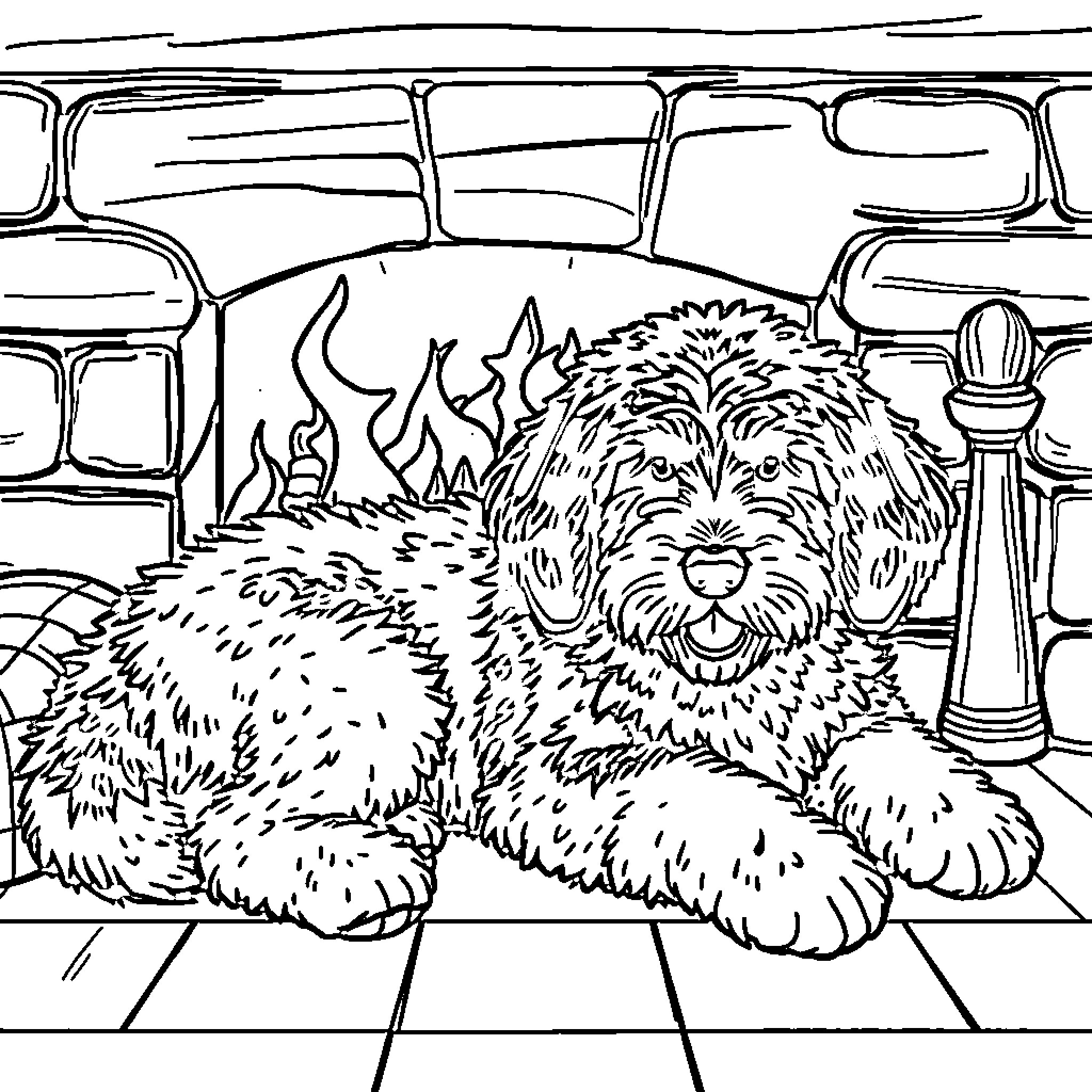 Bernedoodle enjoying cozy indoor space Coloring Page (free black-and-white line drawing printable PDF for all, from beginners to advanced learners, including children, teens, adults, and seniors)