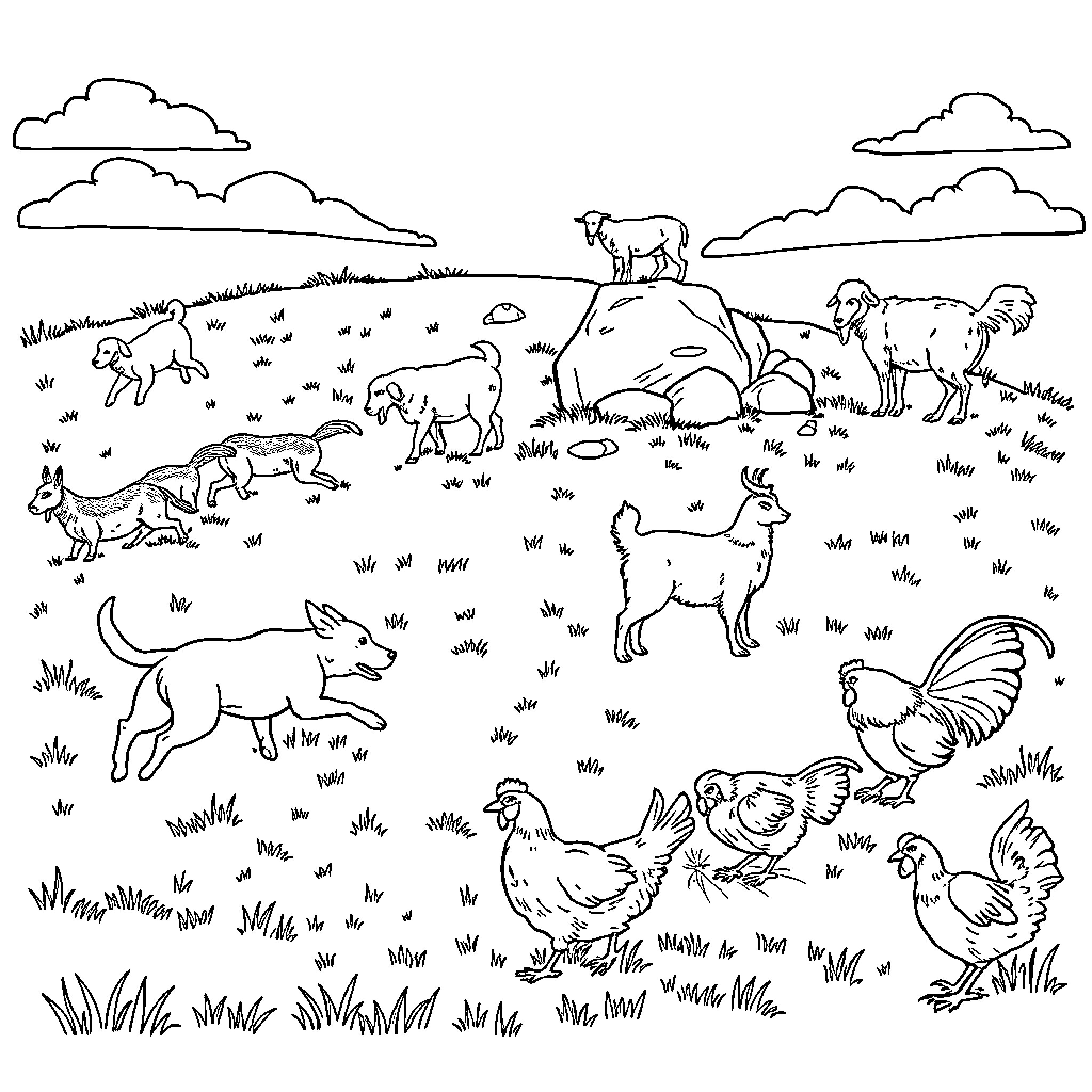 Animal farm scene with various livestock Coloring Page (free black-and-white line drawing printable PDF for all, from beginners to advanced learners, including children, teens, adults, and seniors)