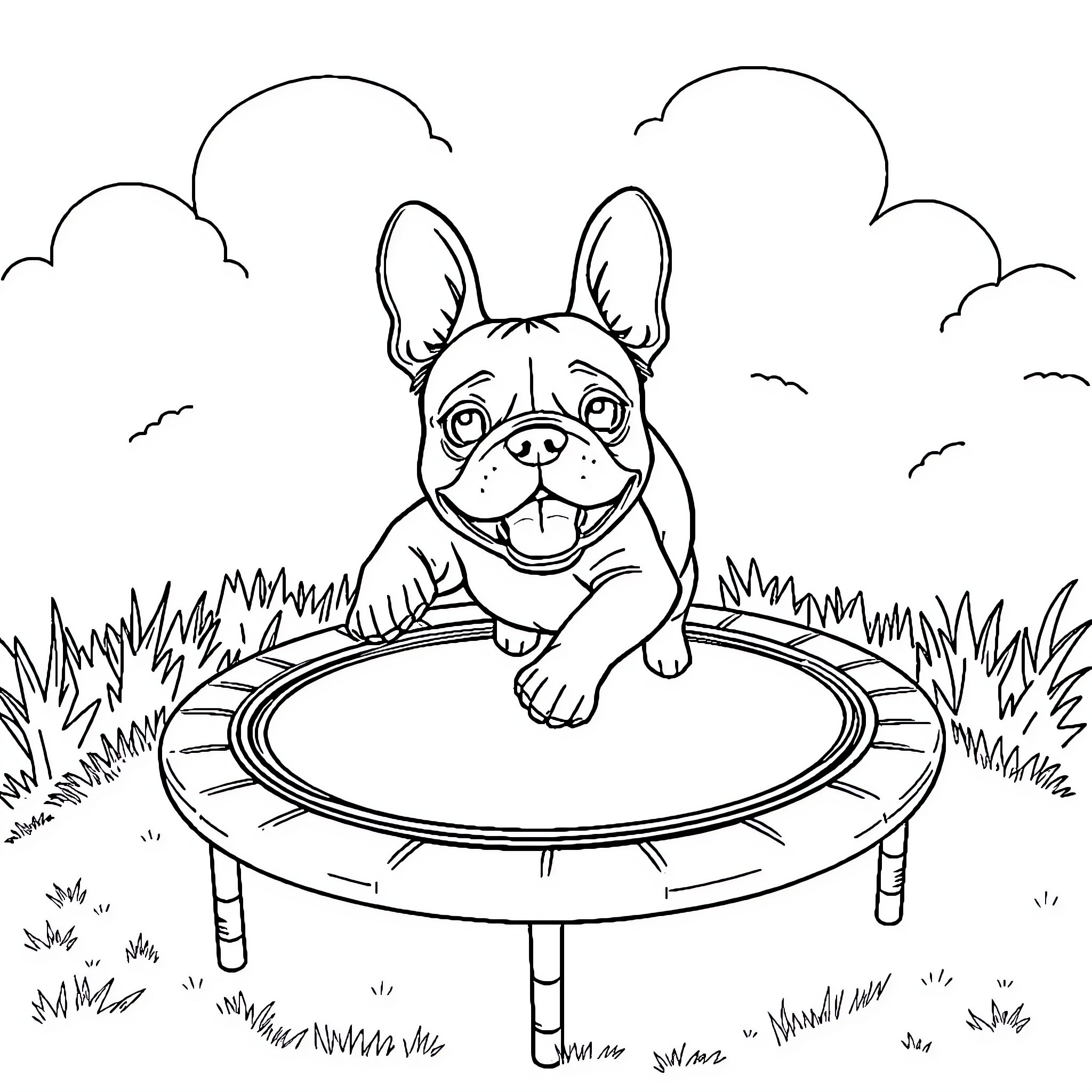 French Bulldog playing happily on a trampoline Coloring Page (free black-and-white line drawing printable PDF for all, from beginners to advanced learners, including children, teens, adults, and seniors)