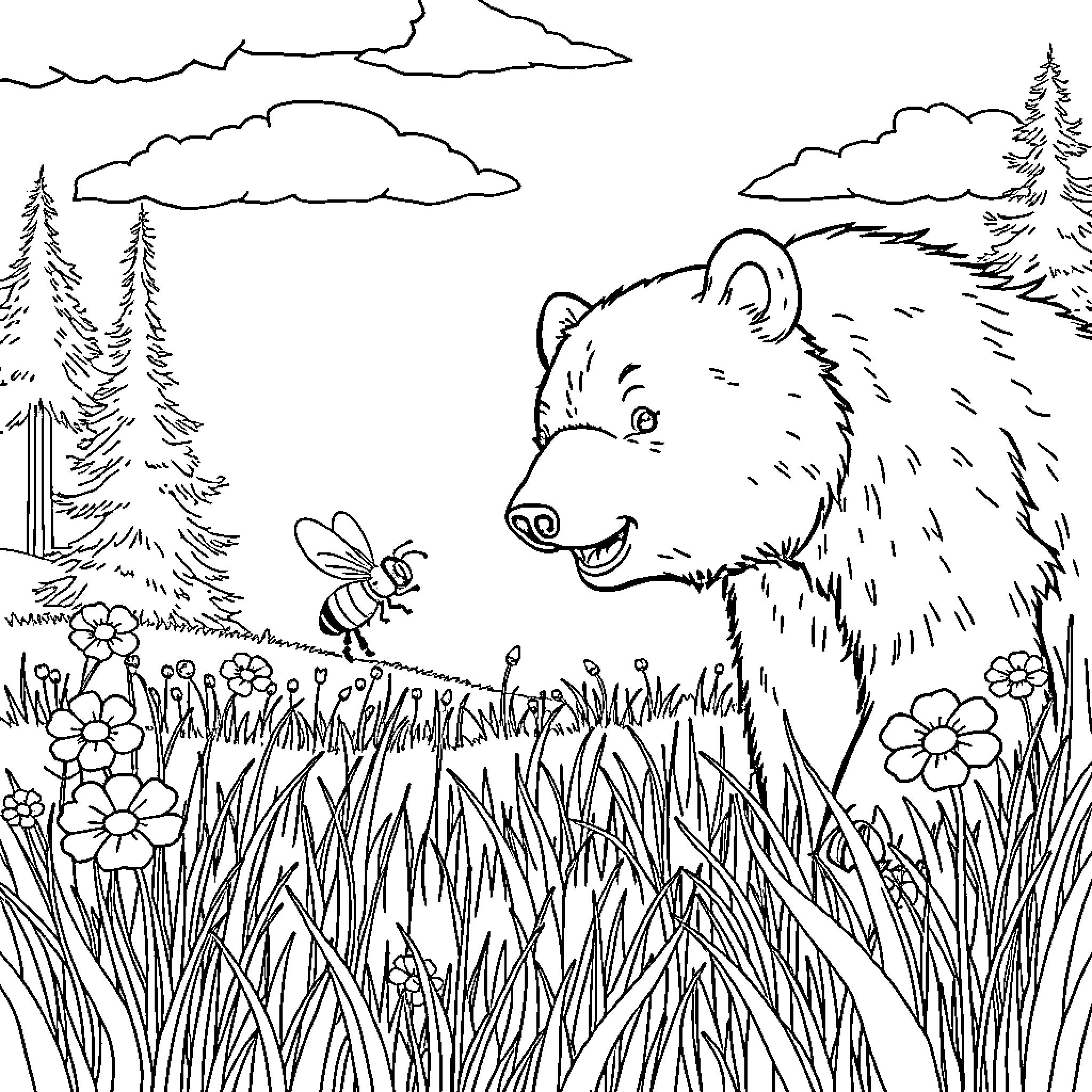 Bee and a playful bear in a floral meadow Coloring Page (free black-and-white line drawing printable PDF for all, from beginners to advanced learners, including children, teens, adults, and seniors)