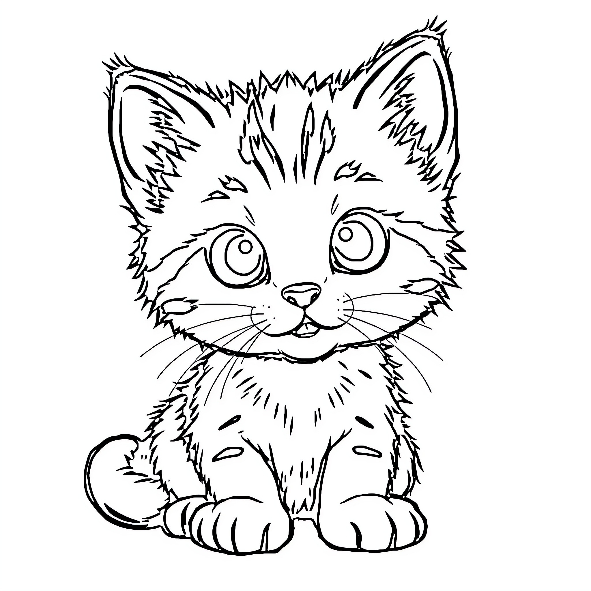 Kitty with wide-eyed expression Coloring Page (free black-and-white line drawing printable PDF for all, from beginners to advanced learners, including children, teens, adults, and seniors)