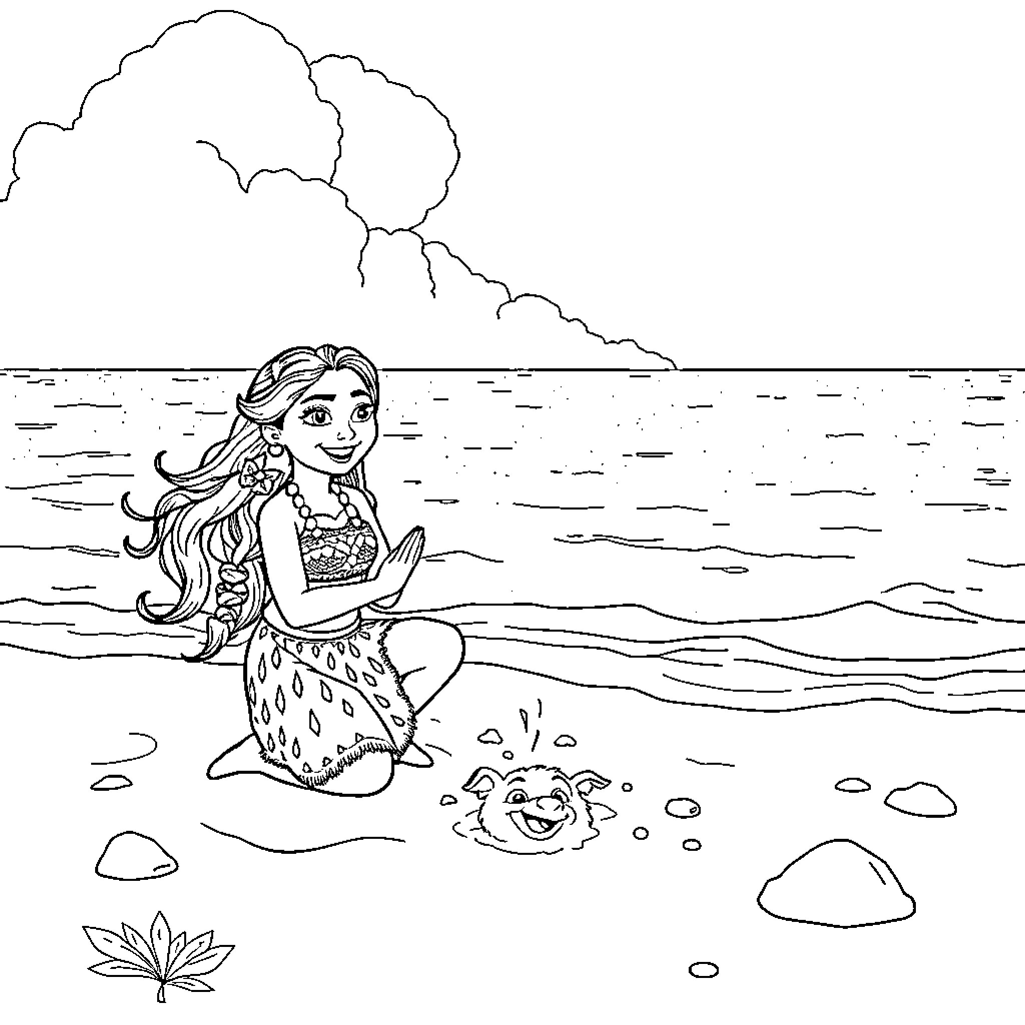 Moana exploring the ocean shore Coloring Page (free black-and-white line drawing printable PDF for all, from beginners to advanced learners, including children, teens, adults, and seniors)