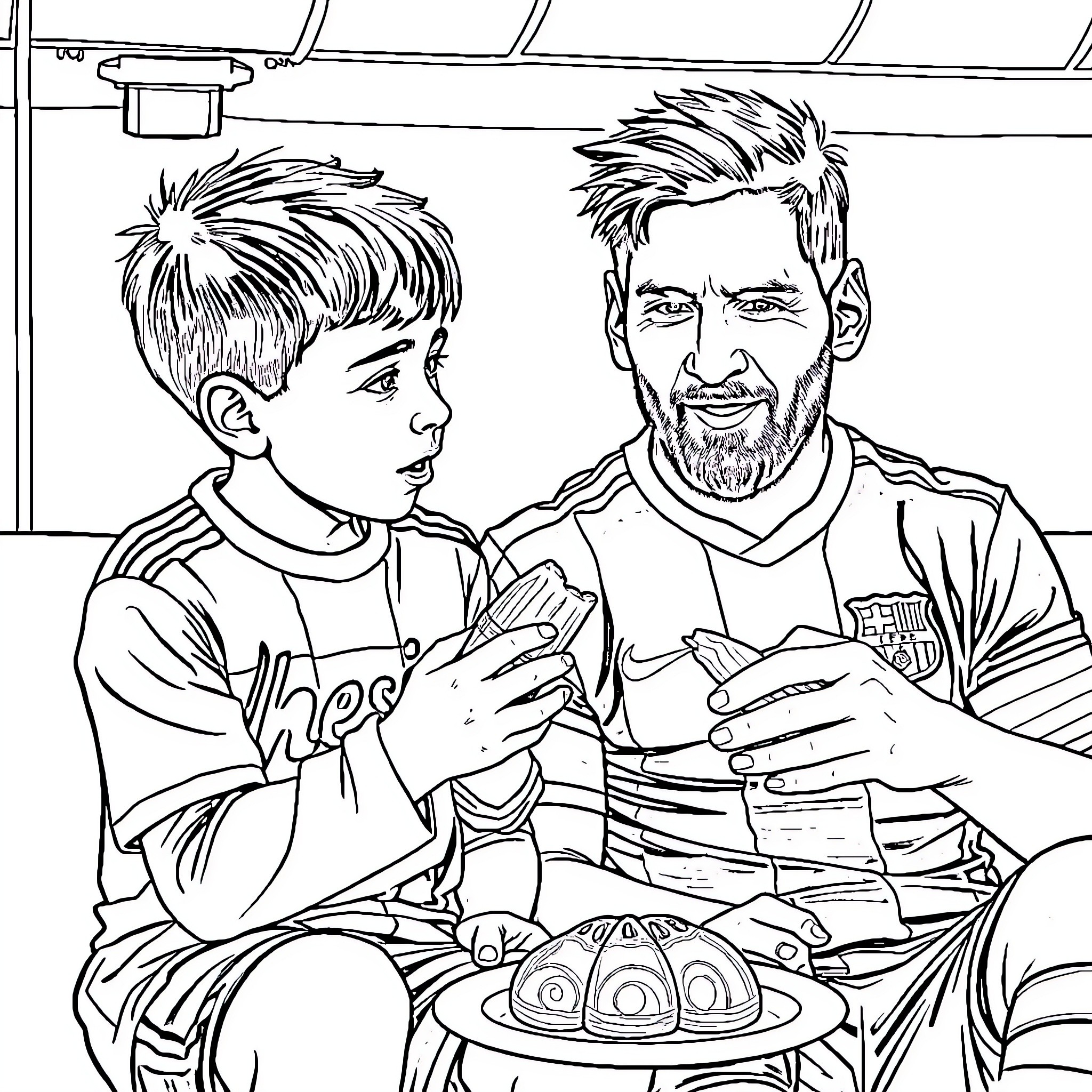 Messi sharing food with young fan Coloring Page (free black-and-white line drawing printable PDF for all, from beginners to advanced learners, including children, teens, adults, and seniors)