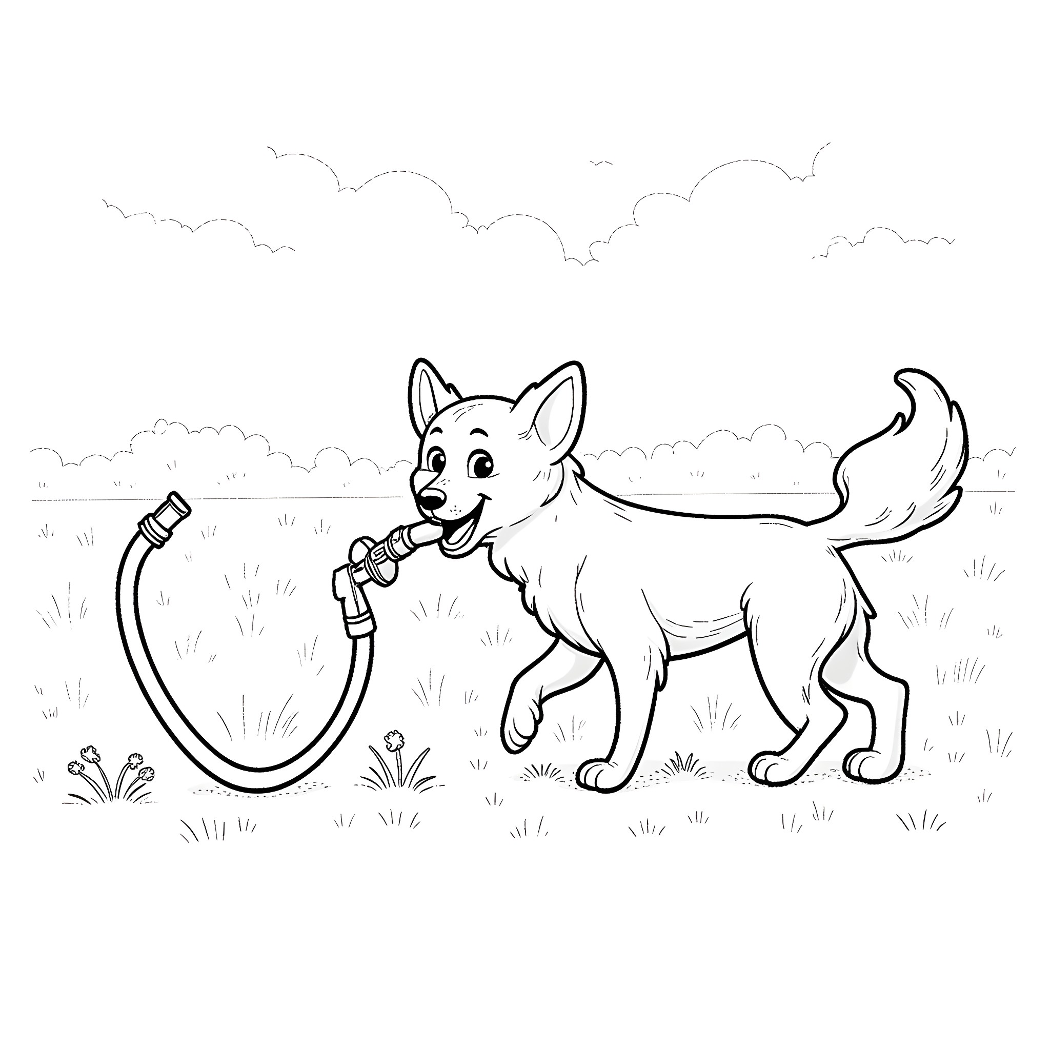 Dog playing with a garden hose Coloring Page (free black-and-white line drawing printable PDF for all, from beginners to advanced learners, including children, teens, adults, and seniors)