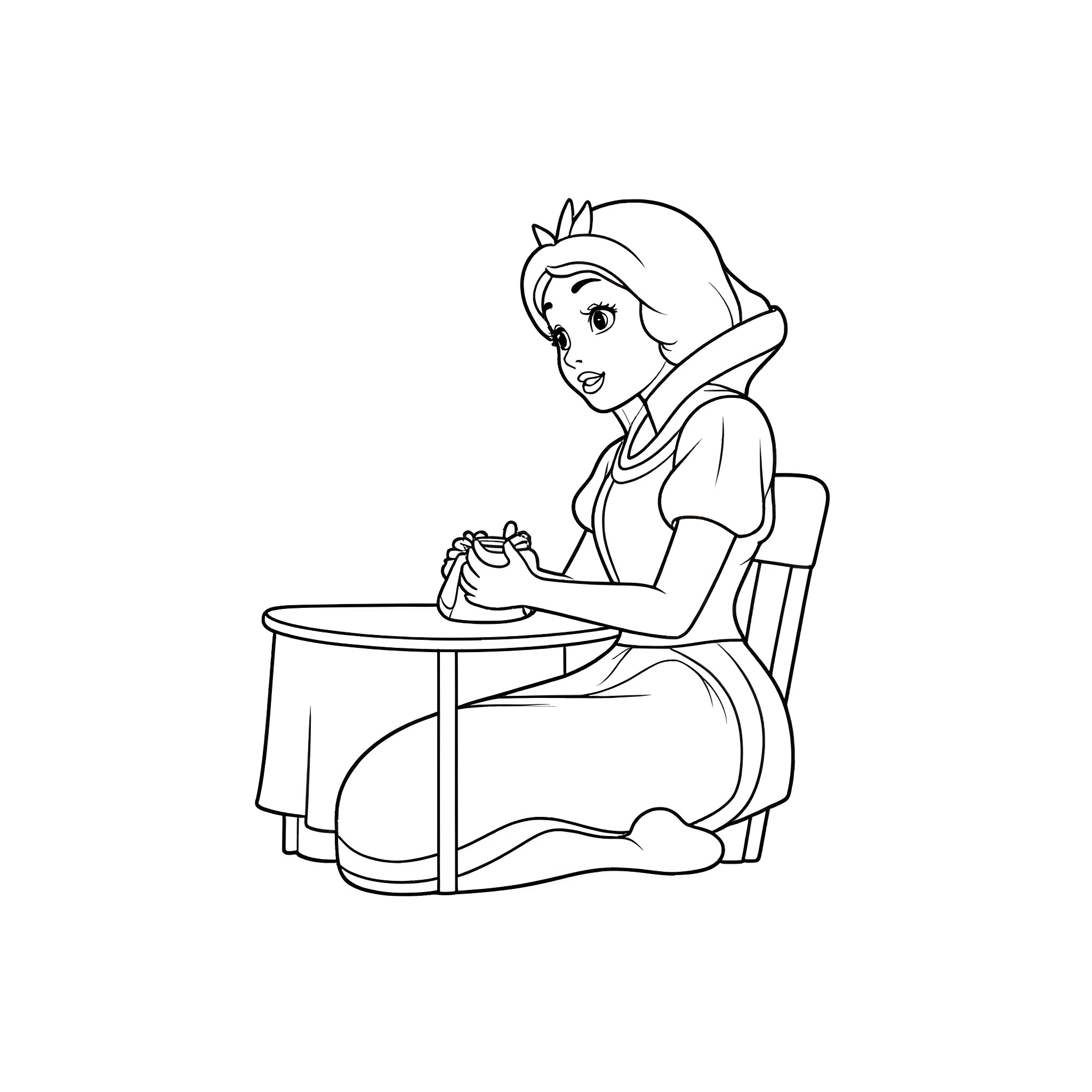 Snow White cooking and preparing a meal Coloring Page (free black-and-white line drawing printable PDF for all, from beginners to advanced learners, including children, teens, adults, and seniors)