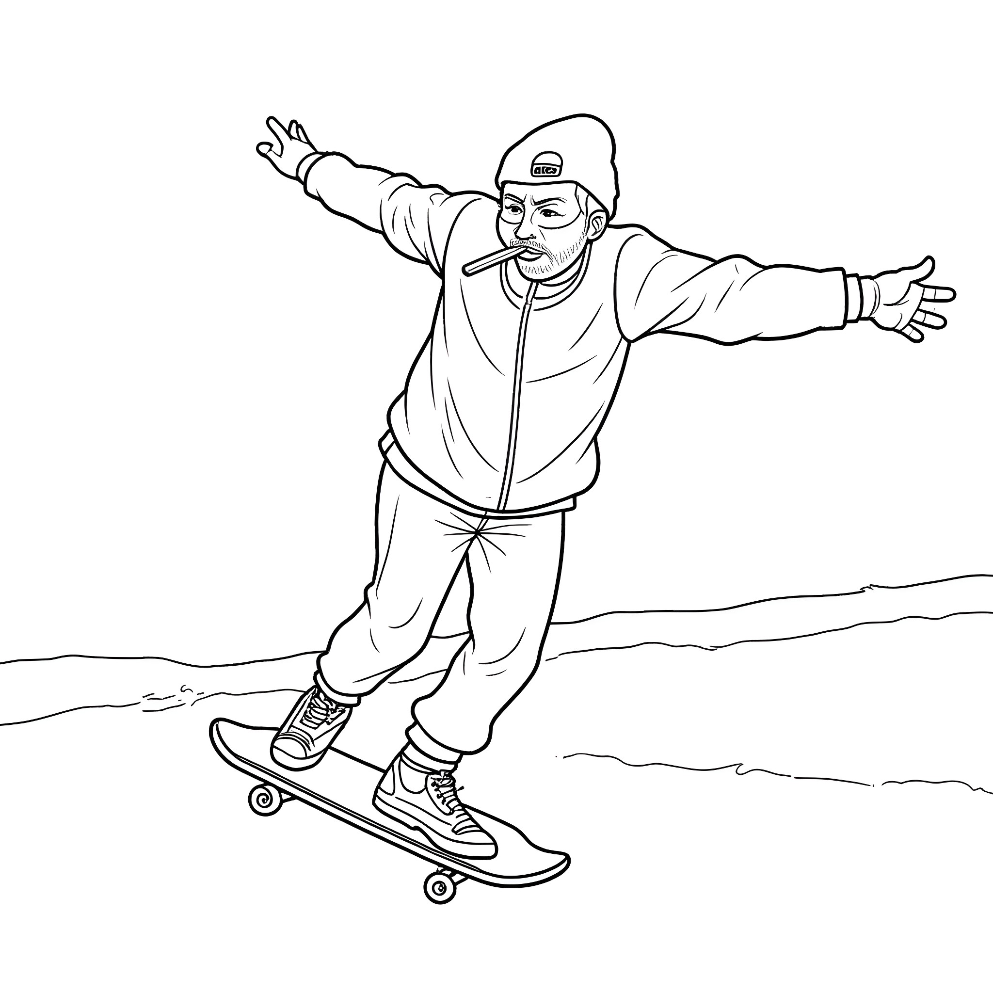 Dude shredding on the skateboard Coloring Page (free black-and-white line drawing printable PDF for all, from beginners to advanced learners, including children, teens, adults, and seniors)