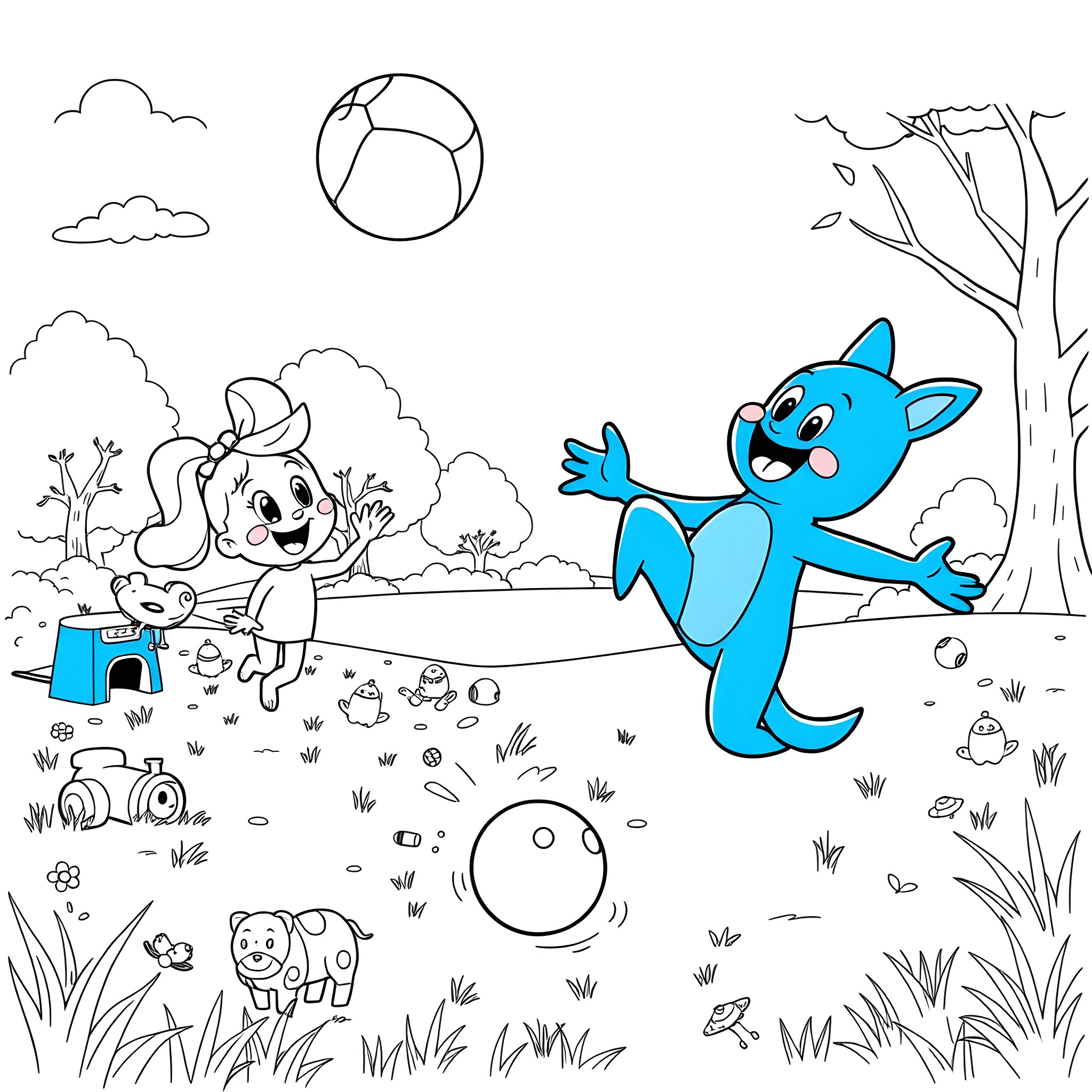 Bluey and Friends' Playful Adventure Coloring Page (free black-and-white line drawing printable PDF for all, from beginners to advanced learners, including children, teens, adults, and seniors)
