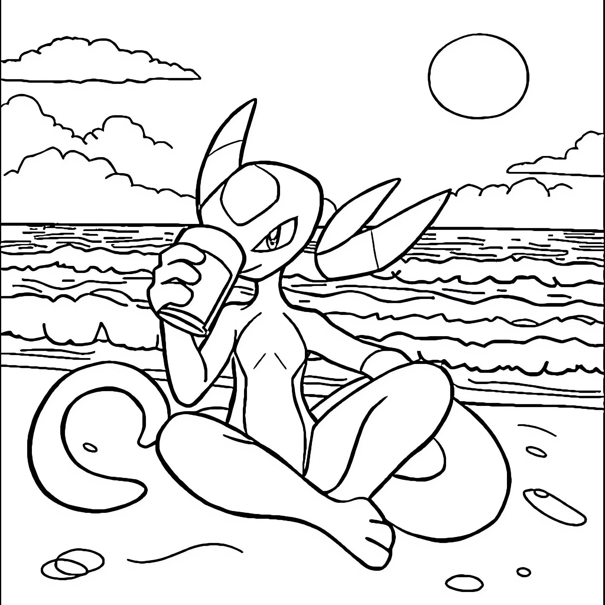 Mewtwo relaxing on the beach at night Coloring Page (free black-and-white line drawing printable PDF for all, from beginners to advanced learners, including children, teens, adults, and seniors)