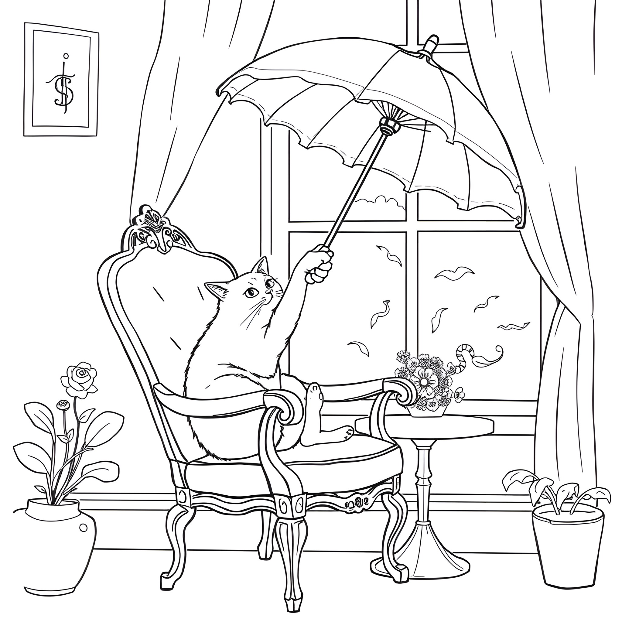 Cat relaxing with umbrella by the window Coloring Page (free black-and-white line drawing printable PDF for all, from beginners to advanced learners, including children, teens, adults, and seniors)
