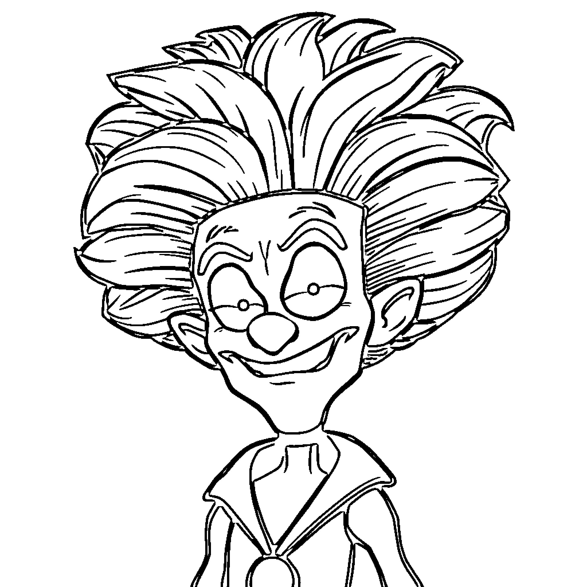 Megamind with a mischievous grin and wild hair Coloring Page (free black-and-white line drawing printable PDF for all, from beginners to advanced learners, including children, teens, adults, and seniors)