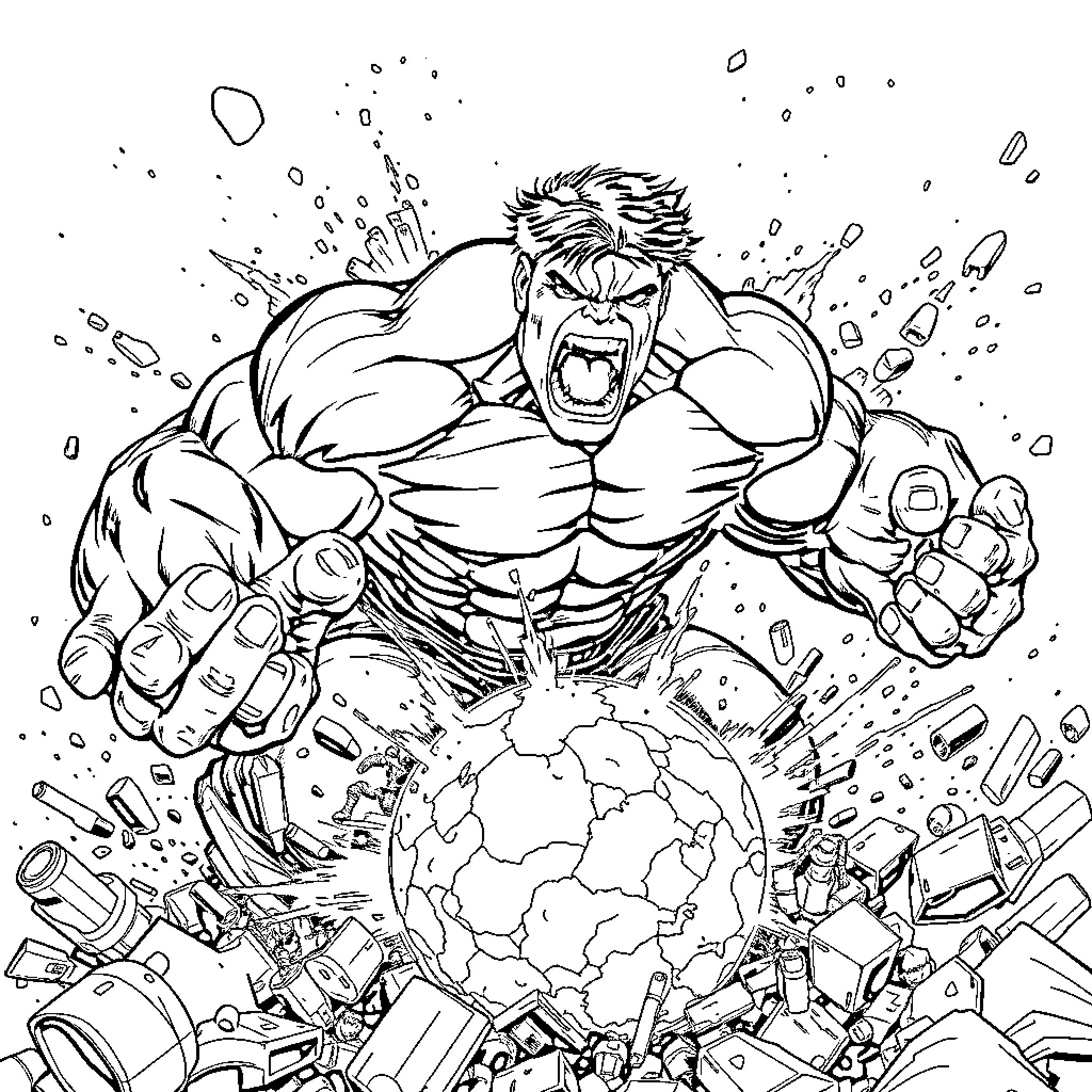Hulk Smashing the World with Mighty Fists Coloring Page (free black-and-white line drawing printable PDF for all, from beginners to advanced learners, including children, teens, adults, and seniors)