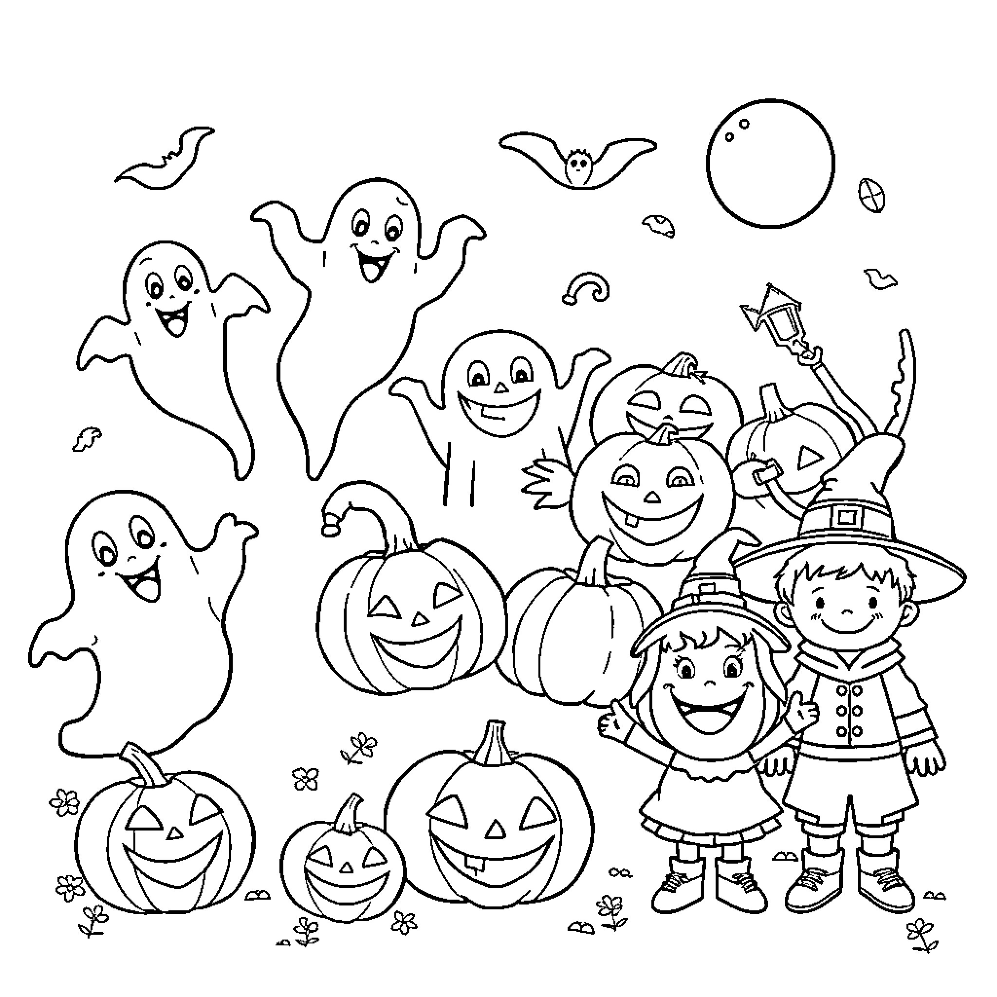 Halloween Ghosts, Pumpkins, and Costumed Kids Coloring Page (free black-and-white line drawing printable PDF for all, from beginners to advanced learners, including children, teens, adults, and seniors)