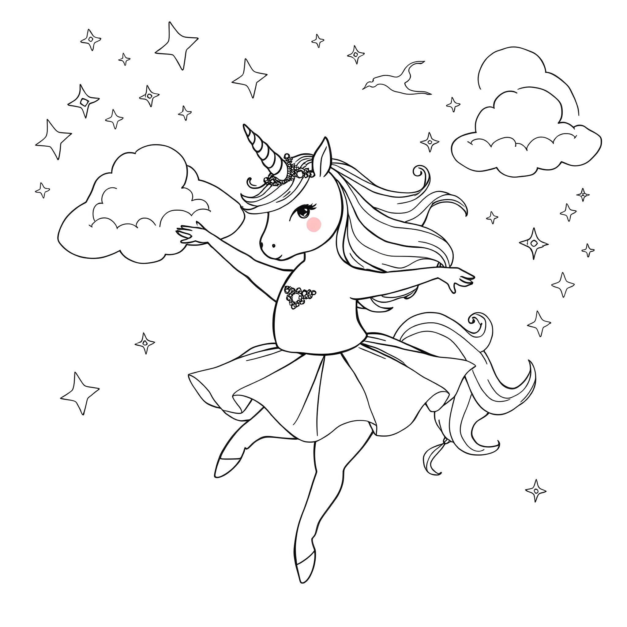 Unicorn dancing among the stars in the night sky Coloring Page (free black-and-white line drawing printable PDF for all, from beginners to advanced learners, including children, teens, adults, and seniors)