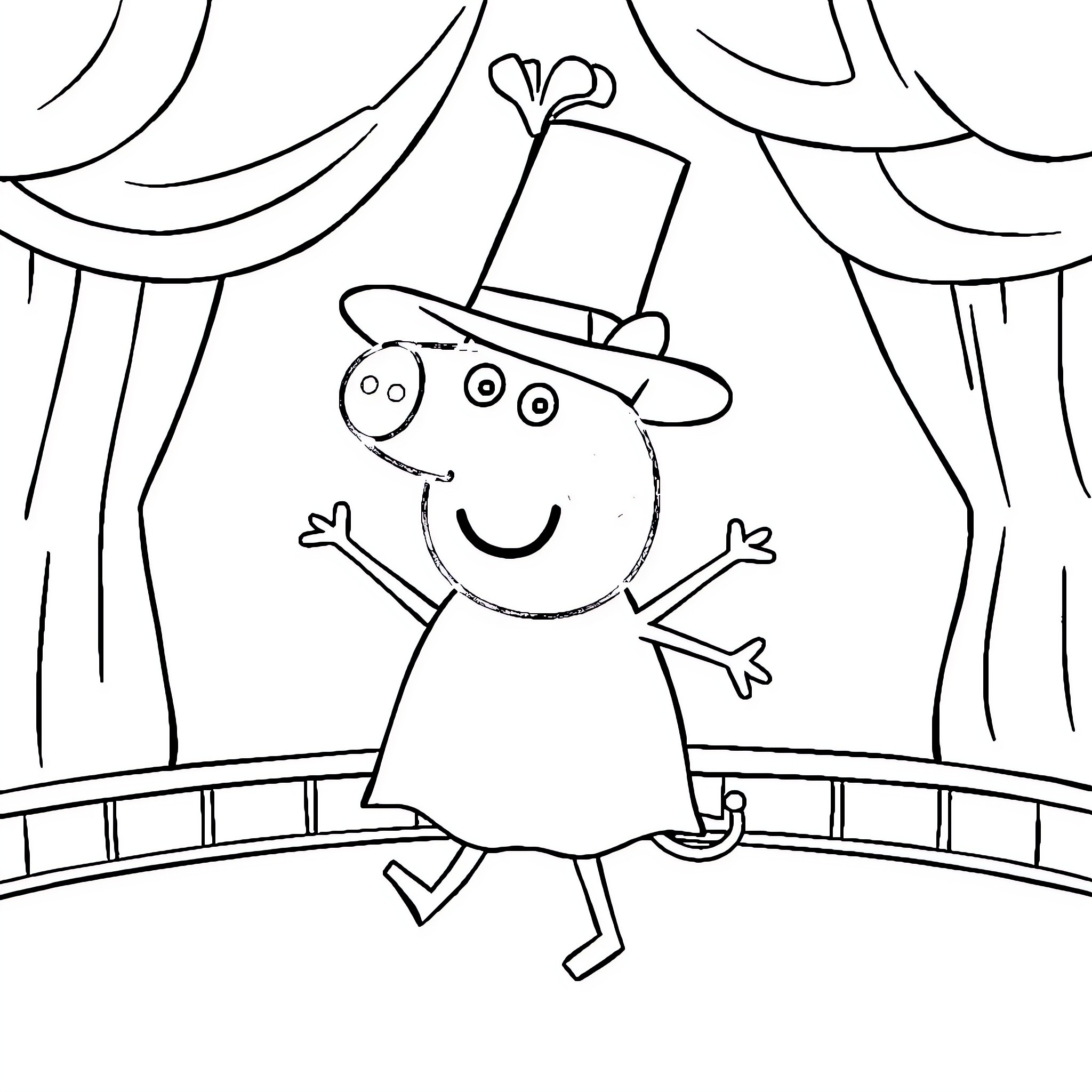 Peppa Pig performing on stage Coloring Page (free black-and-white line drawing printable PDF for all, from beginners to advanced learners, including children, teens, adults, and seniors)