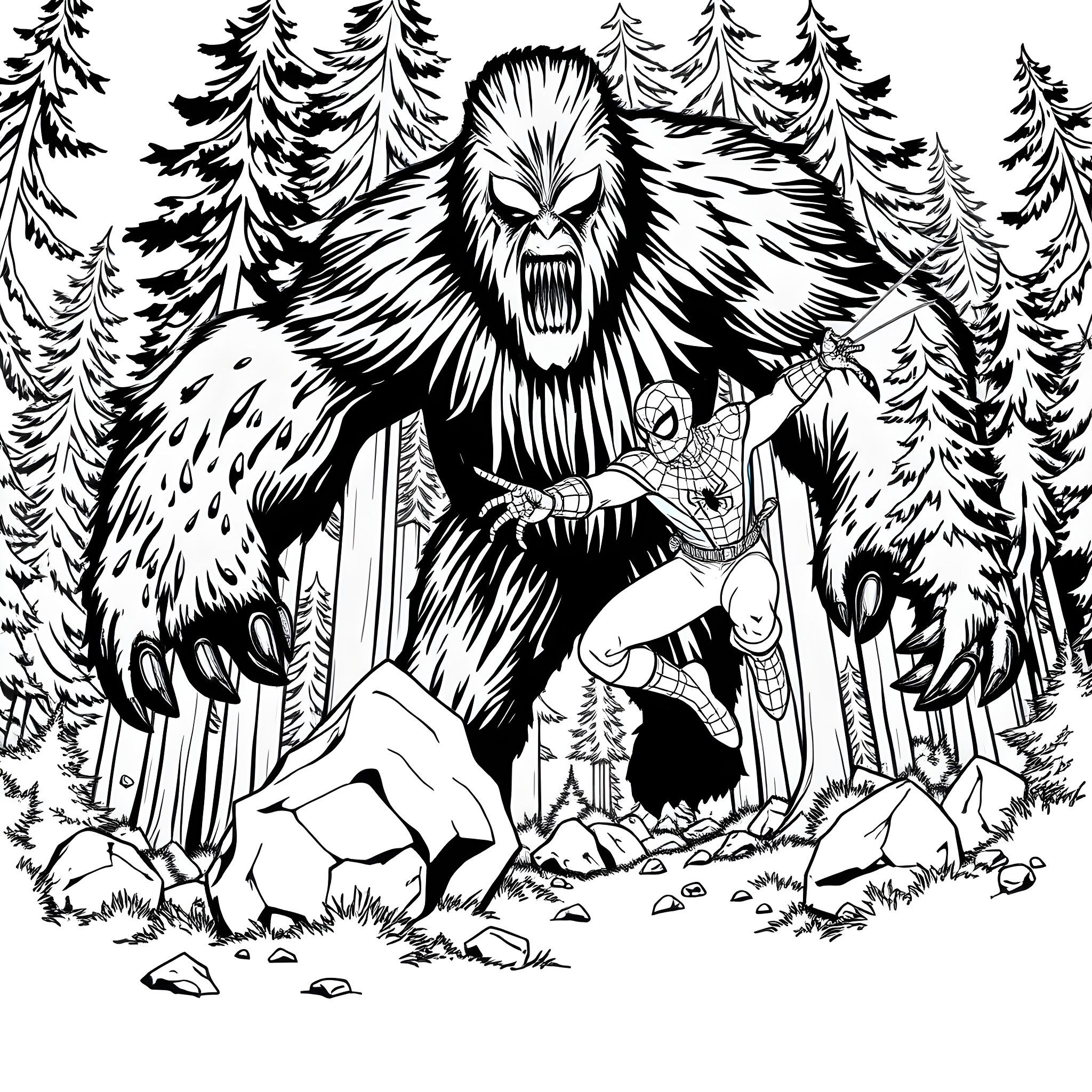 Spider-Man battles a fierce forest creature Coloring Page (free black-and-white line drawing printable PDF for all, from beginners to advanced learners, including children, teens, adults, and seniors)
