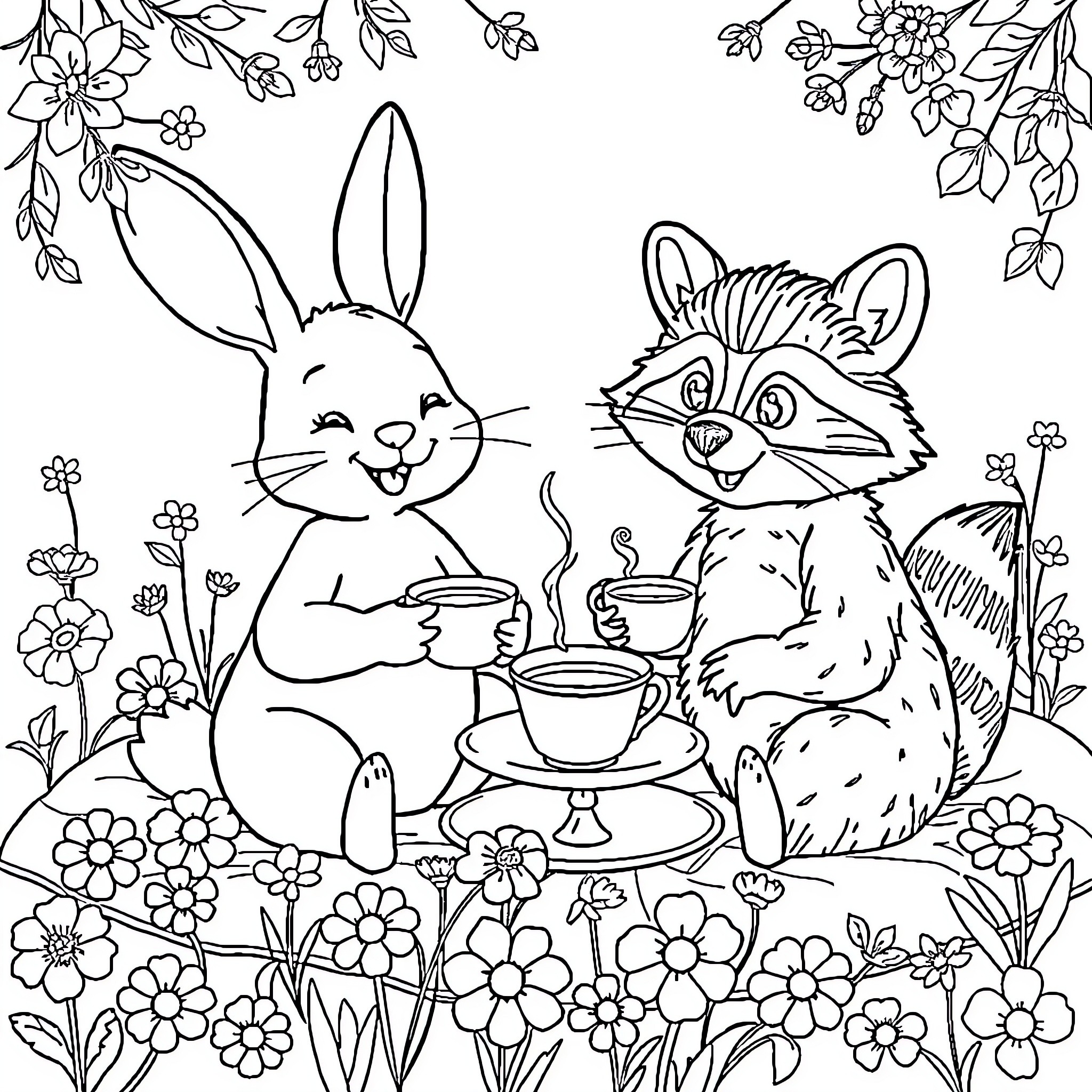 Rabbit and Raccoon Enjoying a Tea Party in the Garden Coloring Page (free black-and-white line drawing printable PDF for all, from beginners to advanced learners, including children, teens, adults, and seniors)