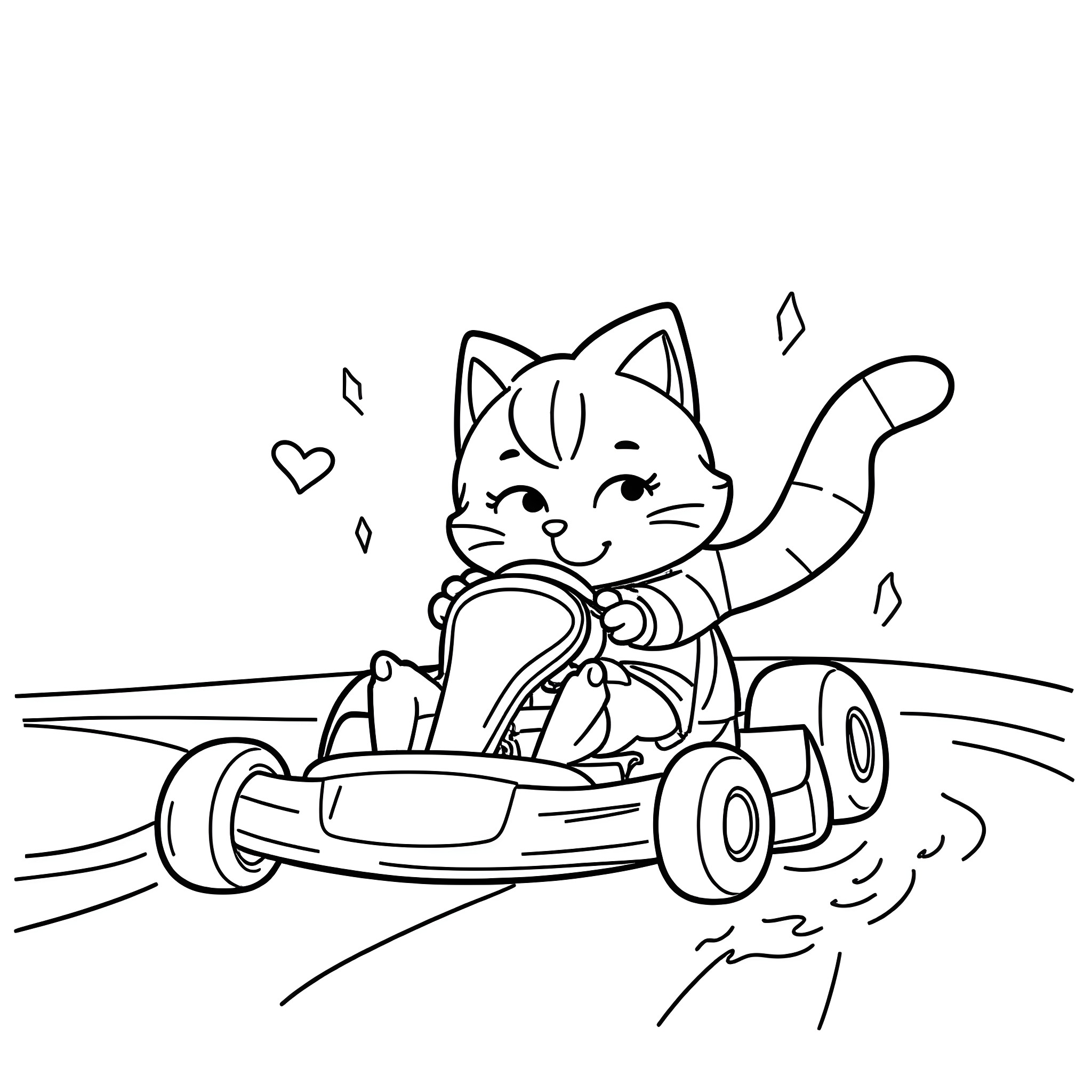 Cat driving happily in a go-kart Coloring Page (free black-and-white line drawing printable PDF for all, from beginners to advanced learners, including children, teens, adults, and seniors)