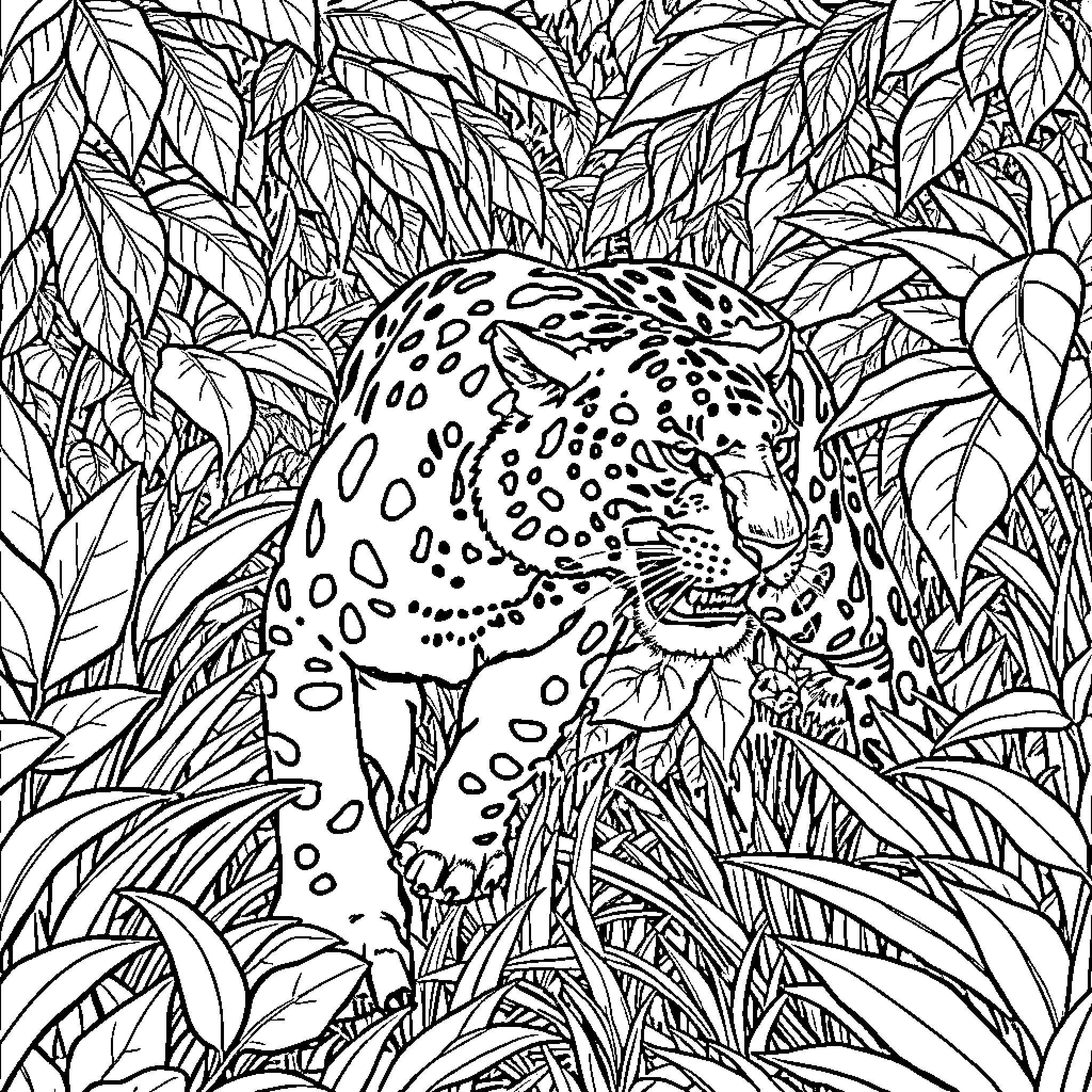 Thanator hunting through dense jungle foliage Coloring Page (free black-and-white line drawing printable PDF for all, from beginners to advanced learners, including children, teens, adults, and seniors)