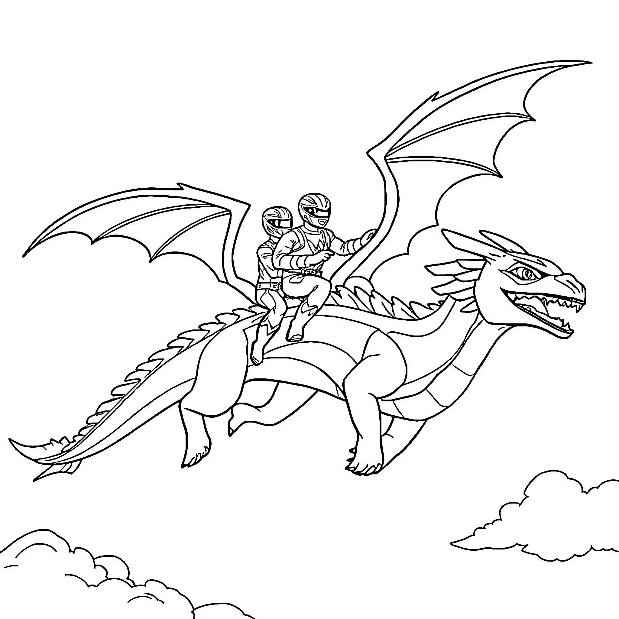 Power Ranger Riding a Fierce Dragon Coloring Page (free black-and-white line drawing printable PDF for all, from beginners to advanced learners, including children, teens, adults, and seniors)