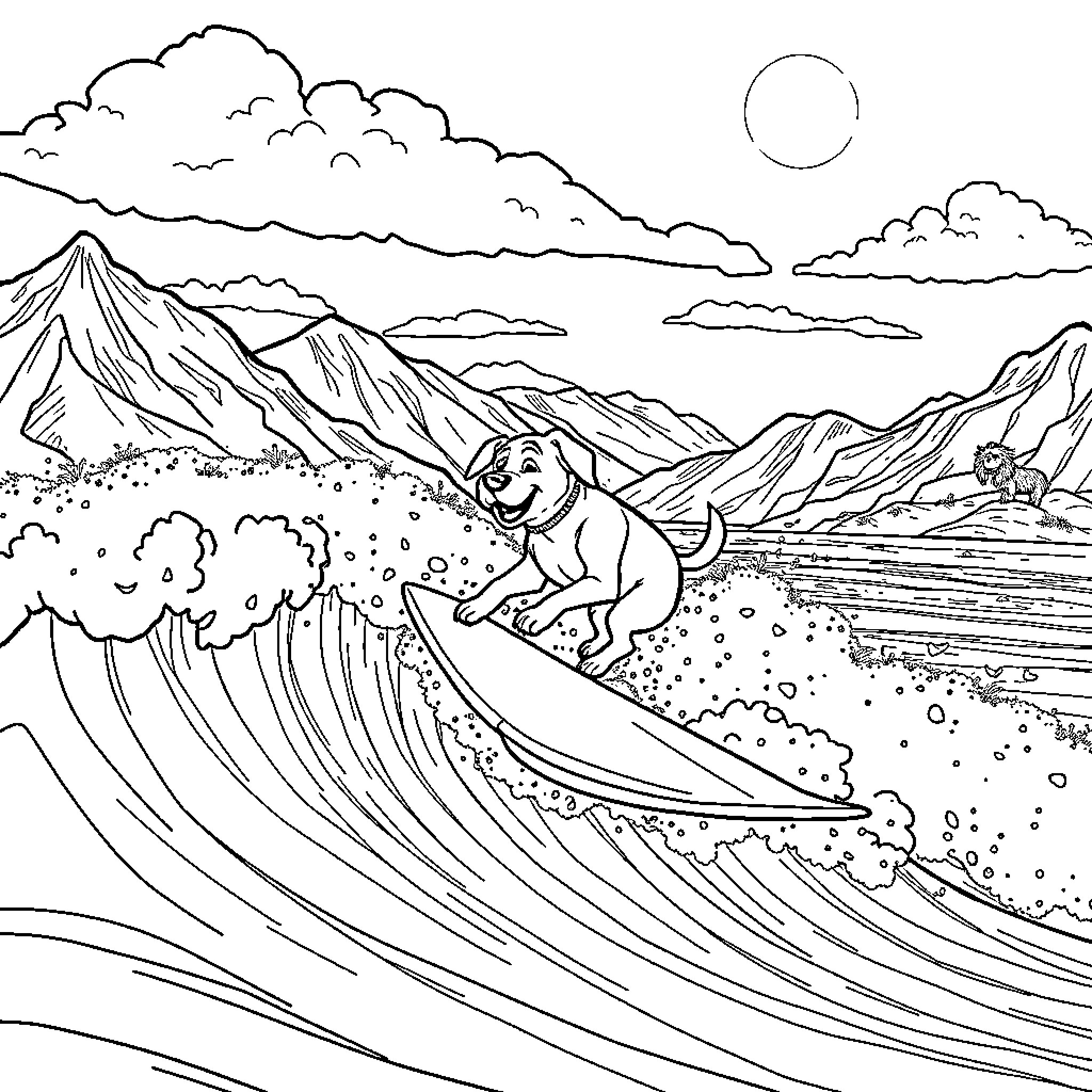 Dog surfing on ocean waves in mountain landscape Coloring Page (free black-and-white line drawing printable PDF for all, from beginners to advanced learners, including children, teens, adults, and seniors)