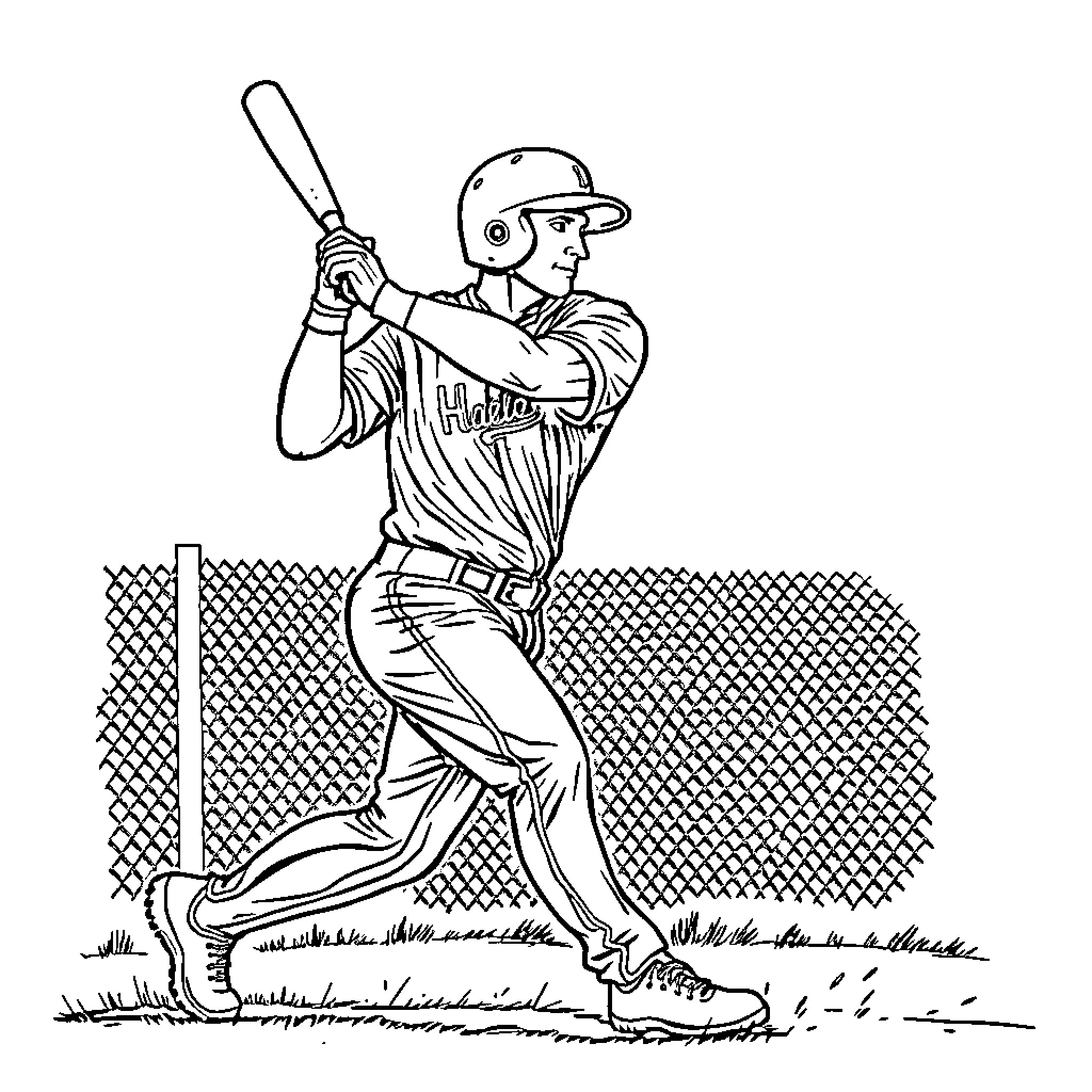 Baseball Player Batting on Baseball Field Coloring Page (free black-and-white line drawing printable PDF for all, from beginners to advanced learners, including children, teens, adults, and seniors)