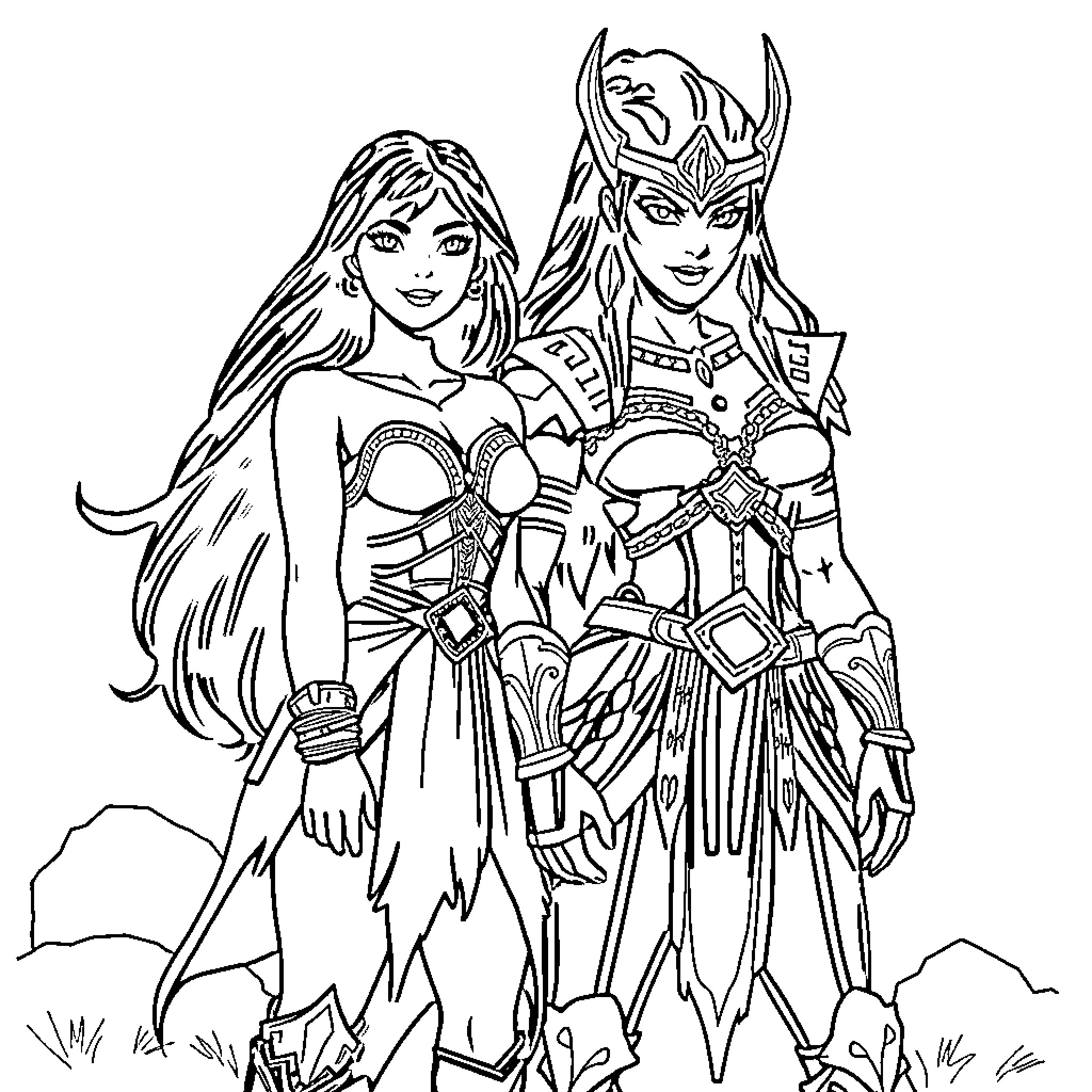 Xena and her companion in warrior attire Coloring Page (free black-and-white line drawing printable PDF for all, from beginners to advanced learners, including children, teens, adults, and seniors)