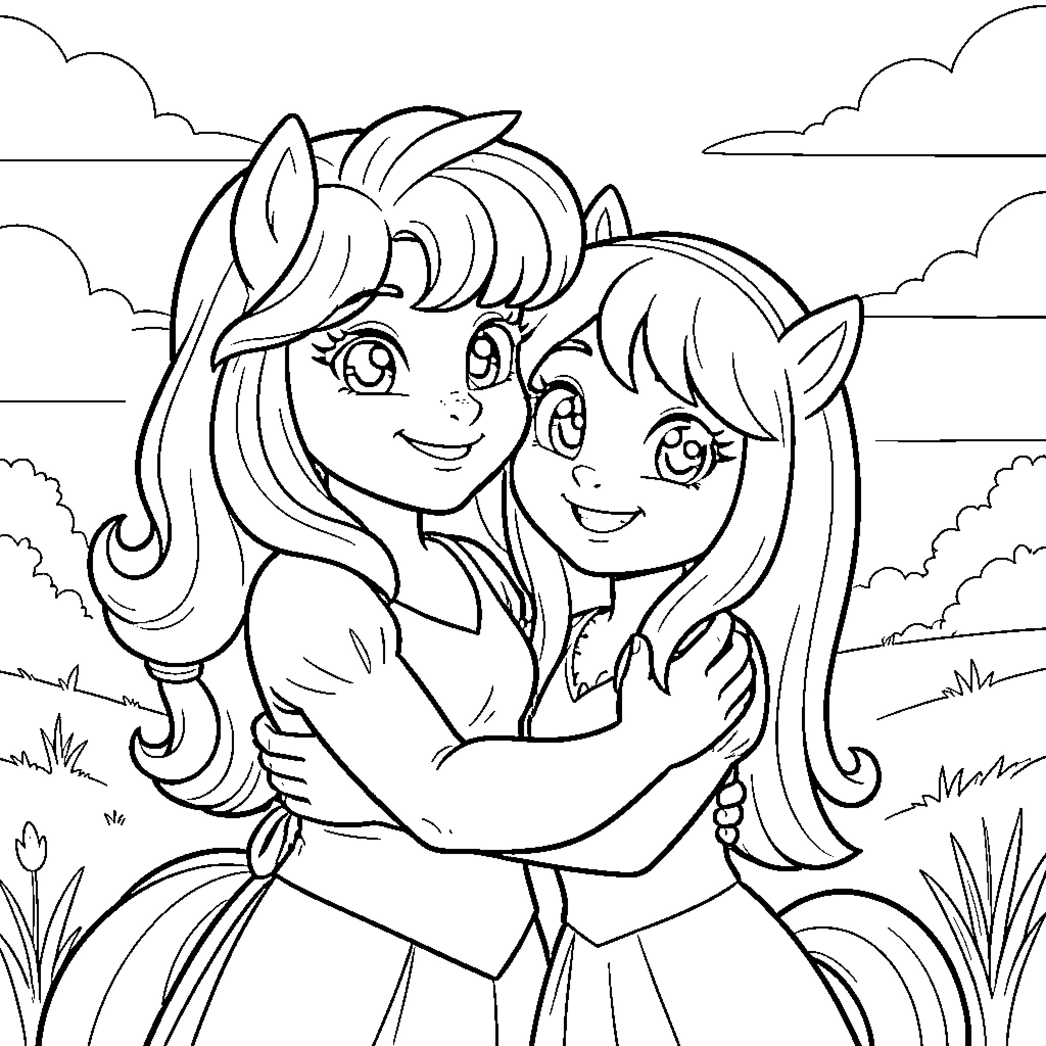 Twilight Sparkle and a Friend Embrace Happily Coloring Page (free black-and-white line drawing printable PDF for all, from beginners to advanced learners, including children, teens, adults, and seniors)